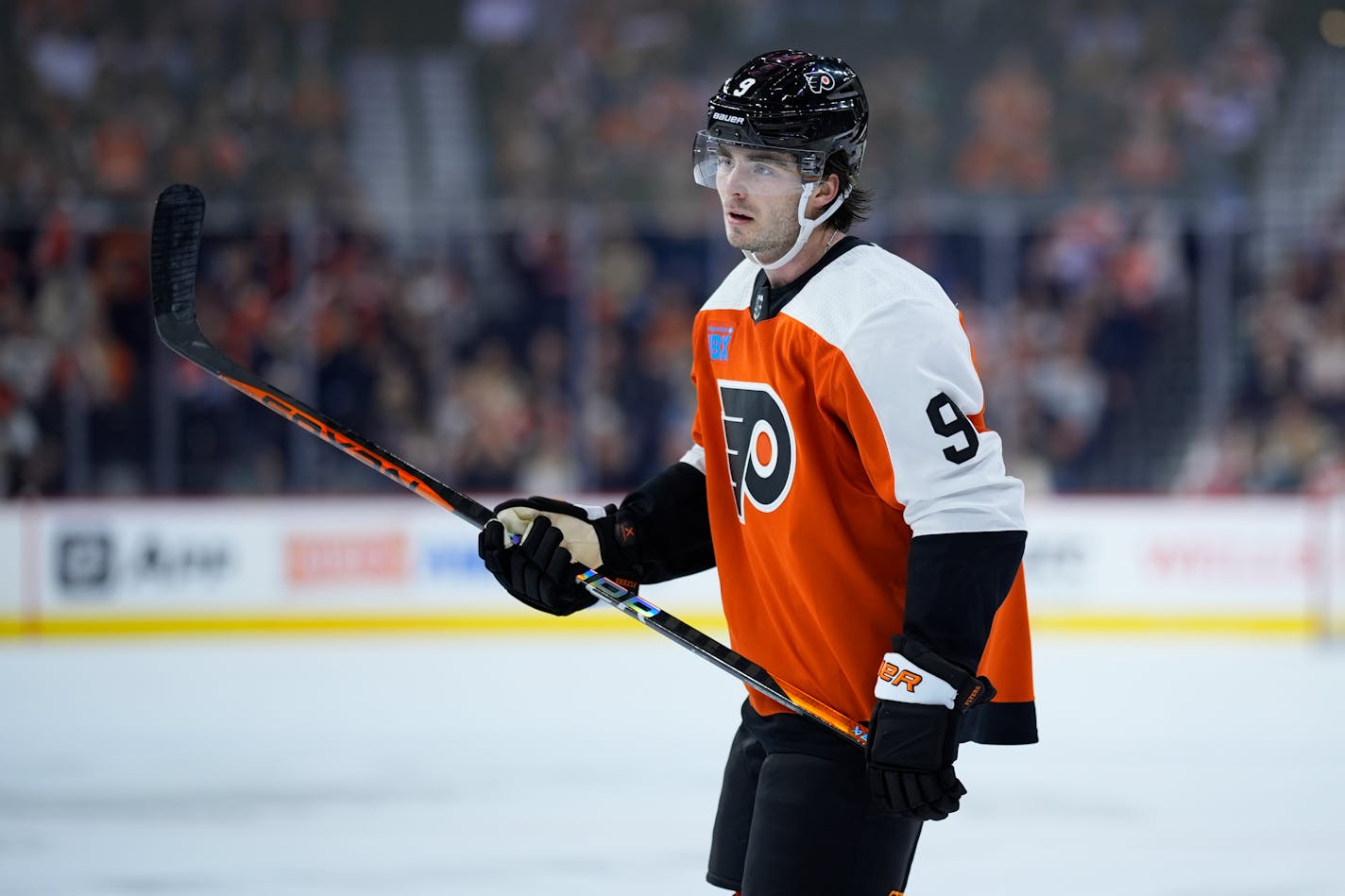 Philadelphia Flyers' Jamie Drysdale plays during an NHL hockey game, Wednesday, Jan. 10, 2024, in Philadelphia. (AP Photo/Matt Slocum)