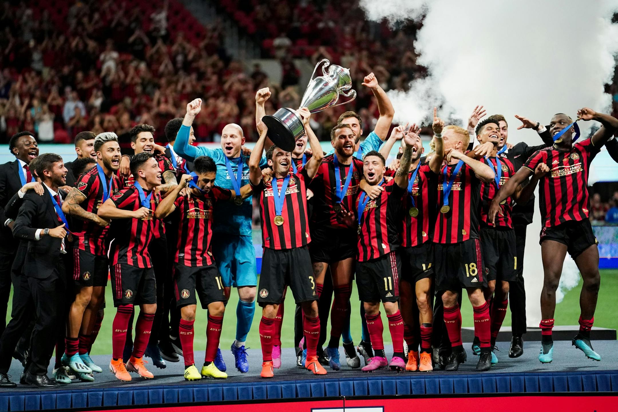 Atlanta United celebrates defeating Minnesota United 2-0 in the U.S. Open Cup at Mercedes-Benz Stadium in Atlanta on Tuesday, Aug. 27, 2019. Photo by Kevin D. Liles for the Star Tribune