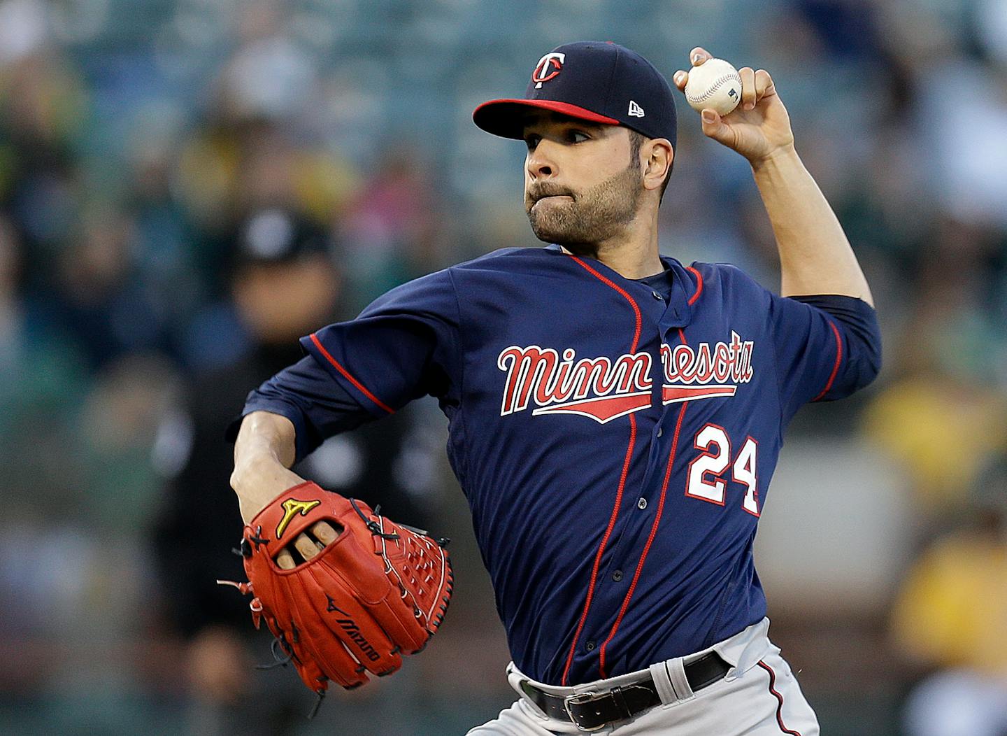 Minnesota Twins pitcher Jaime Garc�a works against the Oakland Athletics during the first inning of a baseball game Friday, July 28, 2017, in Oakland, Calif. (AP Photo/Ben Margot)