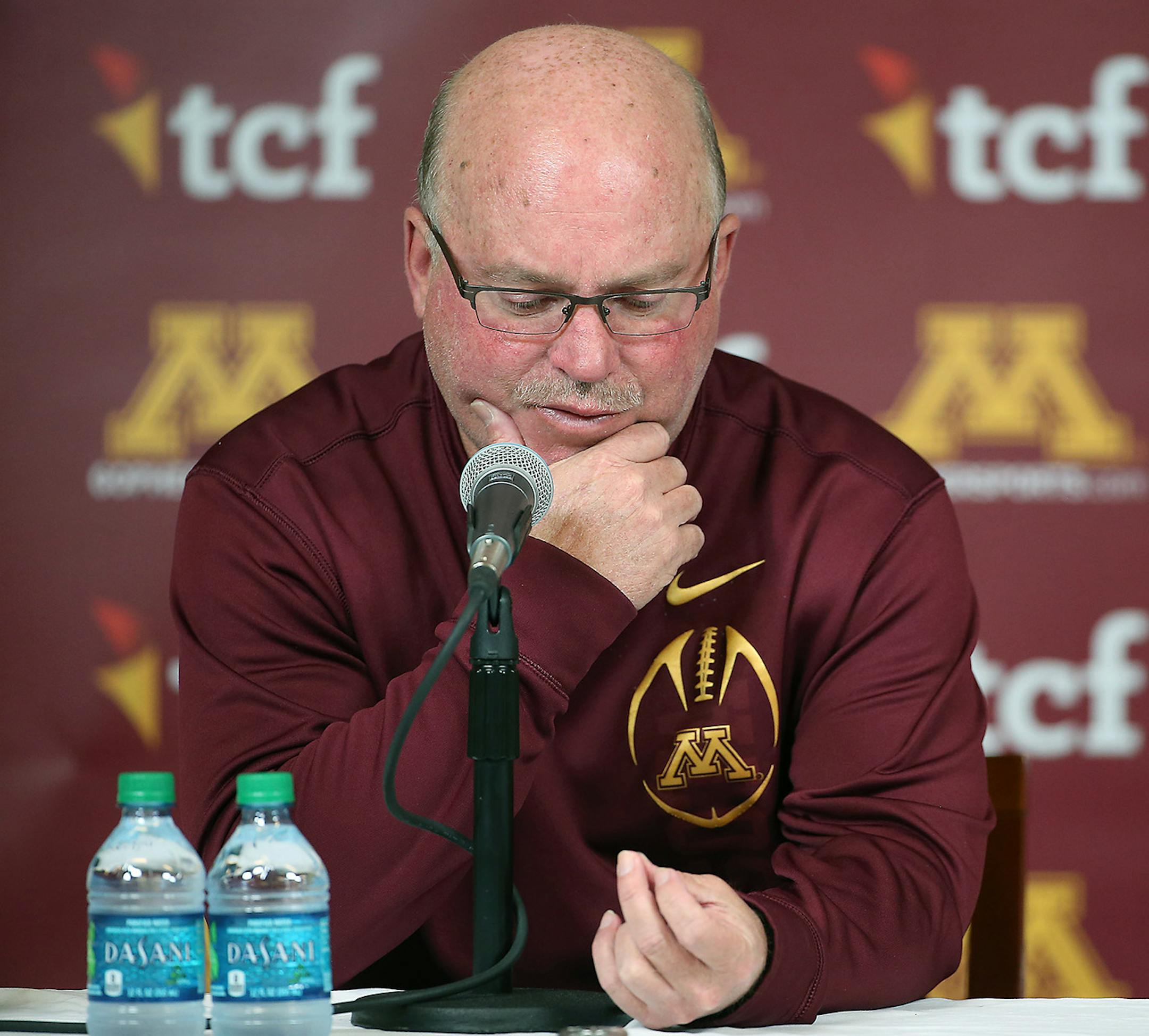 Minnesota Gophers head coach Jerry Kill became emotional as he announced that he is resigning from the football program because of health issues during a press conference, Wednesday, October 28, 2015 at TCF Bank Stadium in Minneapolis, MN. ] (ELIZABETH FLORES/STAR TRIBUNE) ELIZABETH FLORES &#x2022; eflores@startribune.com ORG XMIT: MIN1510280946584948
