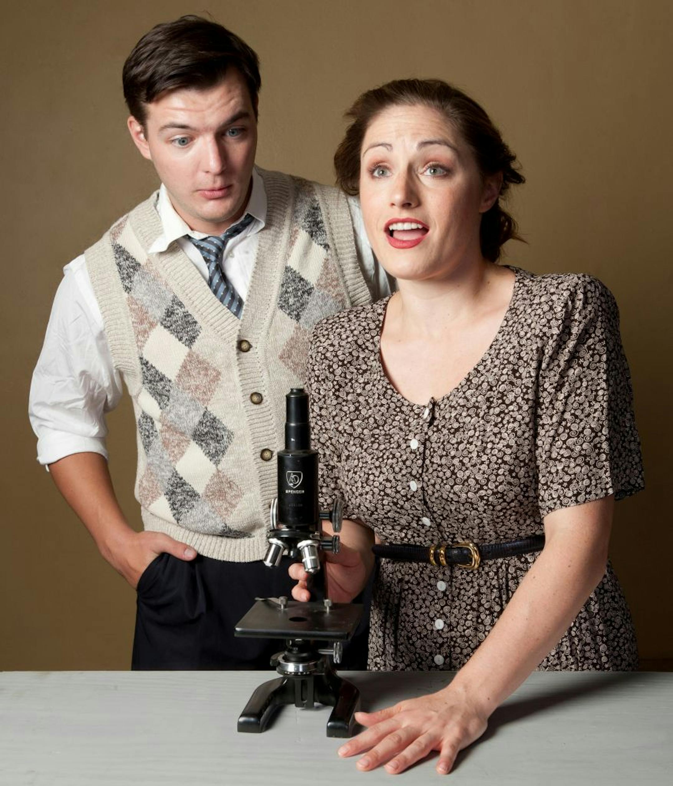 Bethany Ford as Rosalind Franklin and Dustin Bronson as Watson in the Minnesota Jewish Theatre Company's production of "Photograph 51."