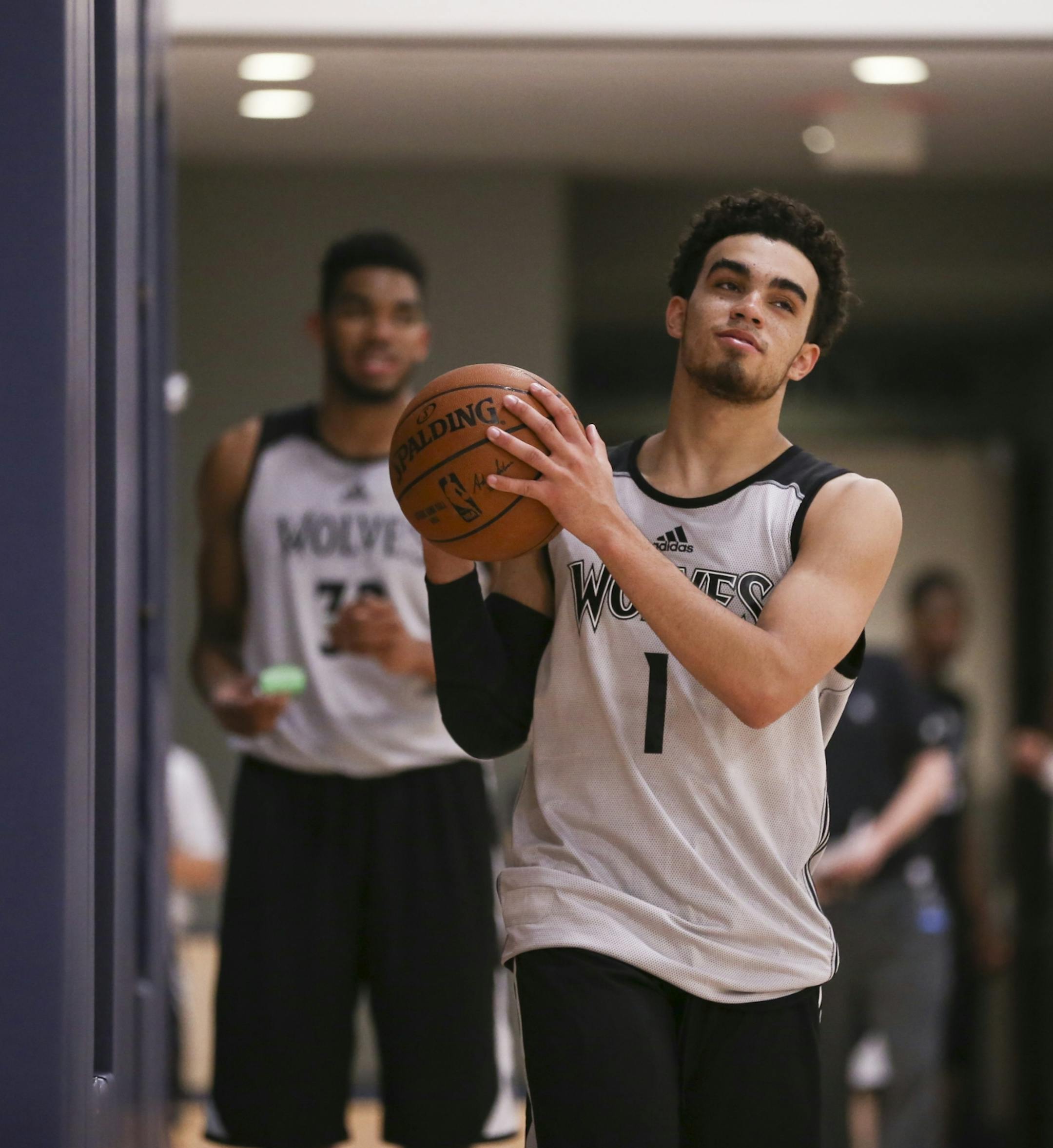 Timberwolves' rookie Tyus Jones grabbed a ball to shoot some free throws at the end of practice Monday afternoon. JEFF WHEELER • jeff.wheeler@startribune.com The Timberwolves' first day of their summer league mini-camp was Monday afternoon, July 6, 2015 in their new home, The Courts at Mayo Clinic Square.
