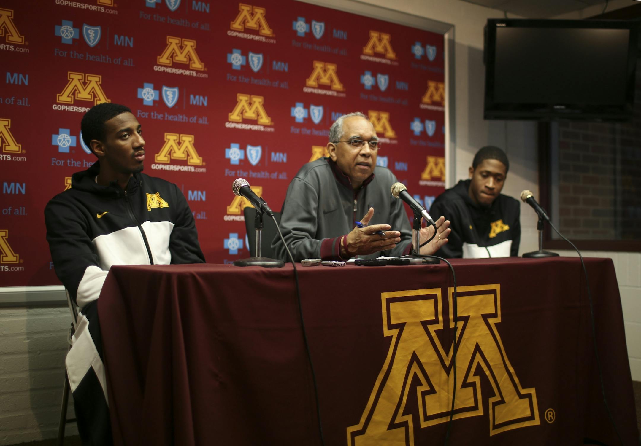 The University of Minnesota men's basketball team was selected for the 2013 NCAA Division I Men's Basketball Championship Sunday afternoon. After learning they would face sixth seeded UCLA in their first tournament appearance since 2010, Head Coach Tubby Smith and players Austin Hollins and Rodney Williams, Jr. attended a news conference at Williams Arena Sunday evening, March 17, 2013. Flanked by Austin Hollins, left, and Rodney Williams, Jr., right, Head Coach Tubby Smith answered a question d