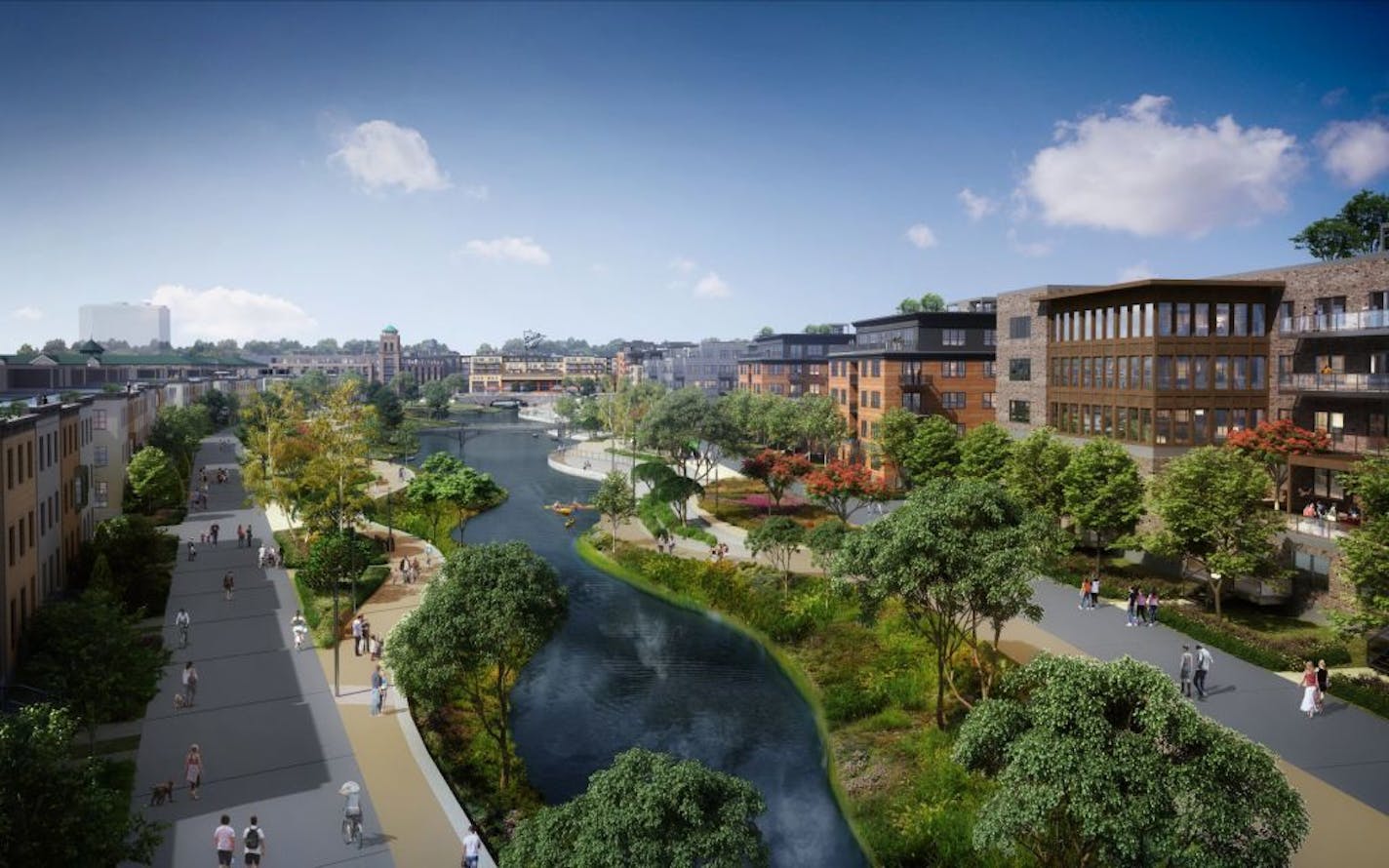 A 2019 rendering of future development on the former Ford plant site in St. Paul. Officials this week announced plans to build a 6-acre solar array as part of the redevelopment project.