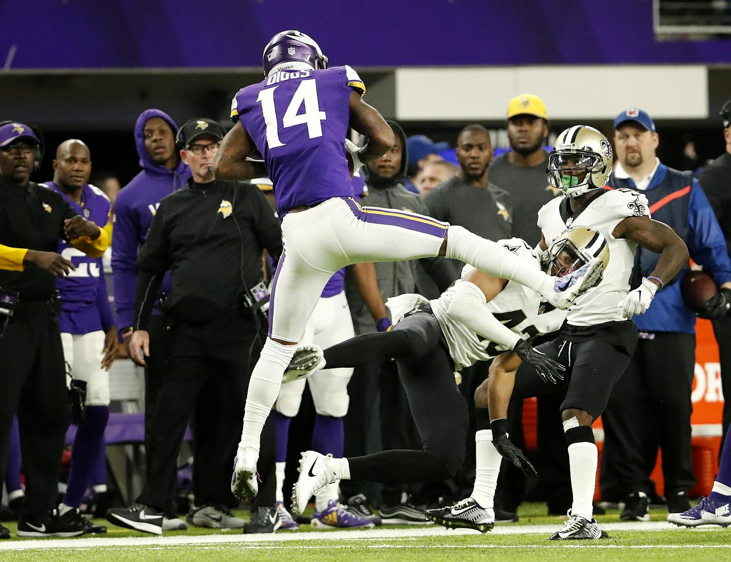 Vikings receiver Stefon Diggs scored a 61-yard touchdown to win the game. Minnesota beat New Orleans by a final score of 29-24. ] CARLOS GONZALEZ &#xef; cgonzalez@startribune.com - Minneapolis, MN - January 14 2018, US Bank Stadium, NFL, NFC Divisional Playoff, Minnesota Vikings vs. New Orleans Saints