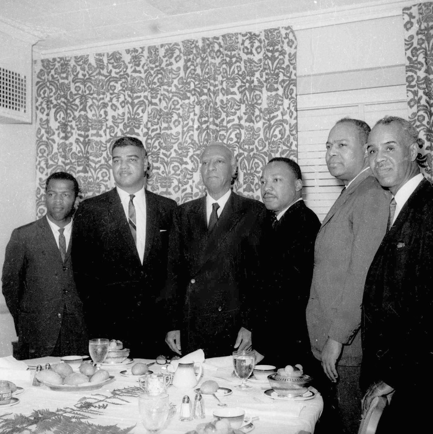 FILE - In this July 2, 1963, file photo, six leaders of the nation's largest black civil rights organizations pose at the Roosevelt Hotel in New York. From left, are: John Lewis, chairman Student Non-Violence Coordinating Committee; Whitney Young, national director, Urban League; A. Philip Randolph, president of the Negro American Labor Council; Martin Luther King Jr., president Southern Christian Leadership Conference; James Farmer, Congress of Racial Equality director; and Roy Wilkins, executive secretary, National Association for the Advancement of Colored People. Lewis, who carried the struggle against racial discrimination from Southern battlegrounds of the 1960s to the halls of Congress, died Friday, July 17, 2020. (AP Photo/Harry Harris, File)