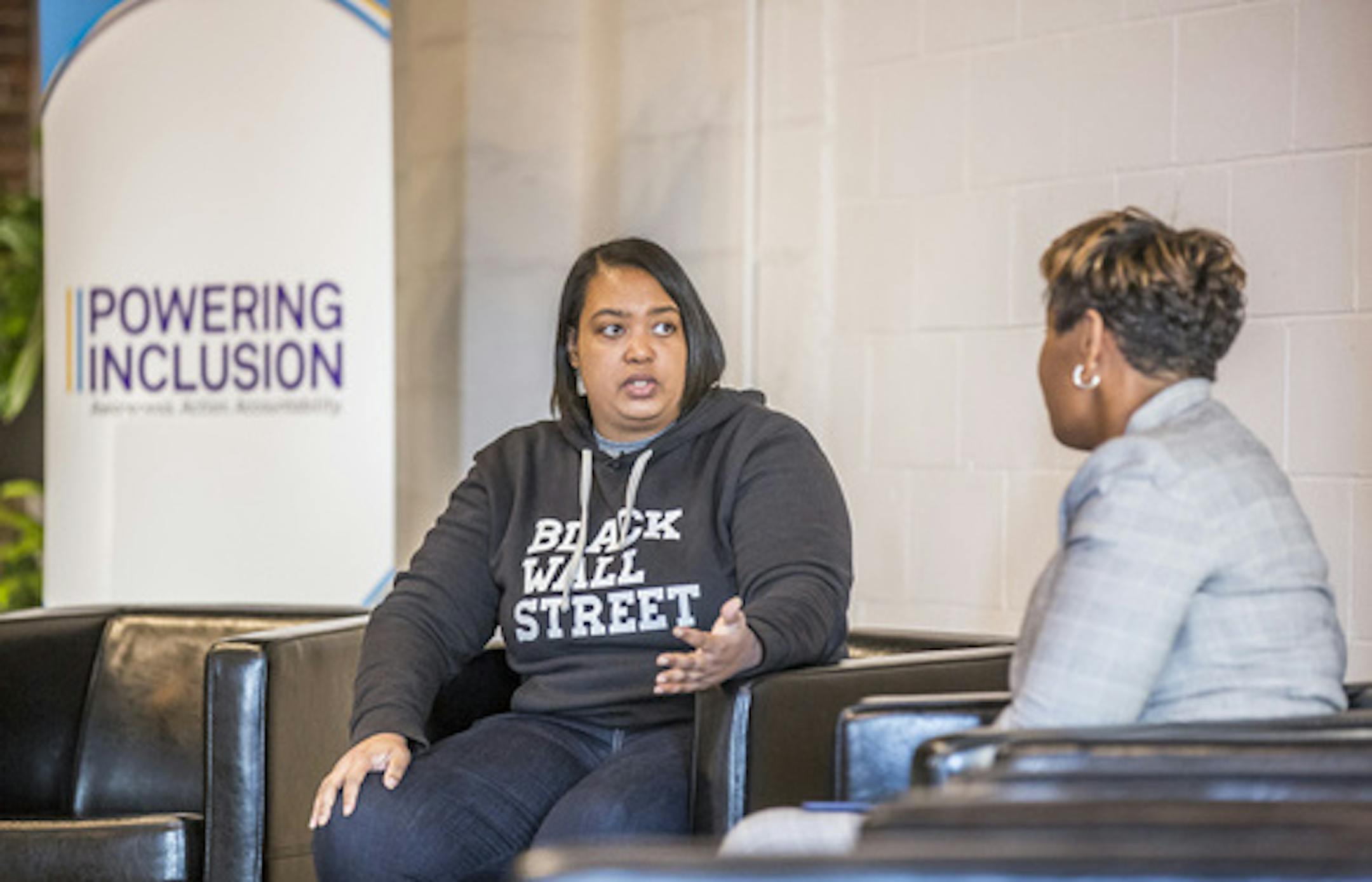 Arlan Hamilton (left), founder and managing partner of Backstage Capital and CEO Tawanna Black of Center for Economic Inclusion, discussed access to capital at a recent forum on accelerating regional growth by investing in minority-owned businesses.