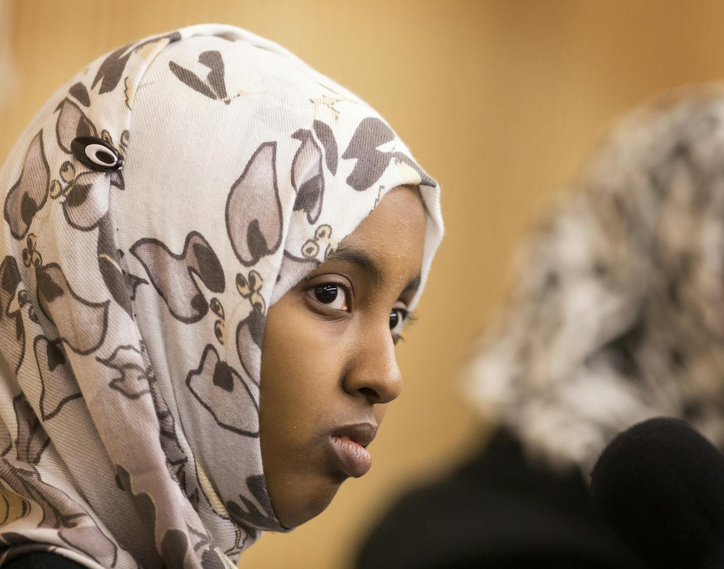 Hafsa Abdi, a senior at Technical High School in St. Cloud who participated in a walk-out from school in April 2015 to protest bullying and discrimination, participates in a forum discussion entitled "Muslims in Minnesota: A community conversation" held by Minnesota Public Radio at St. Cloud Library on Thursday, January 28, 2016. ] (Leila Navidi/Star Tribune) leila.navidi@startribune.com