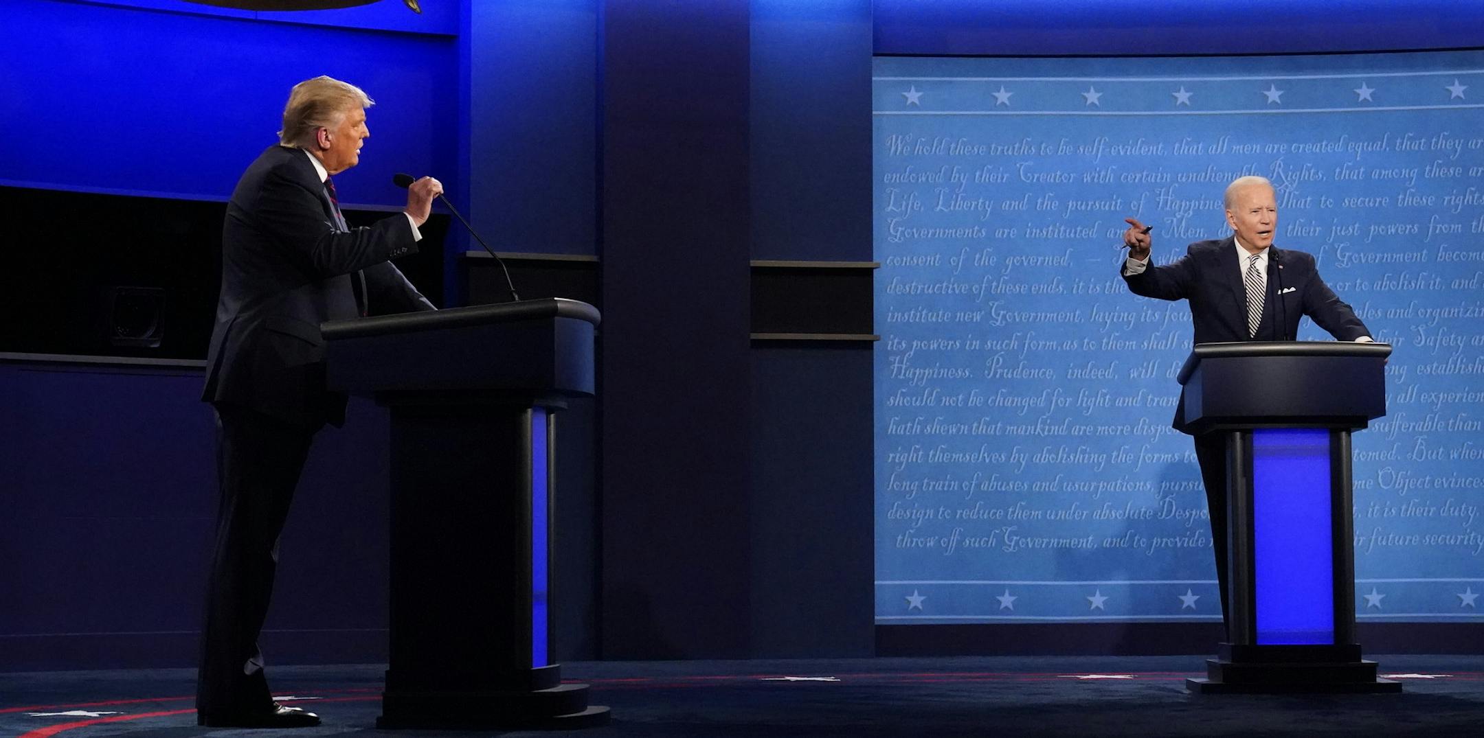 President Donald Trump, left, and Democratic presidential candidate former Vice President Joe Biden, right, during the first presidential debate Tuesday, Sept. 29, 2020, at Case Western University and Cleveland Clinic, in Cleveland, Ohio. (AP Photo/Julio Cortez)