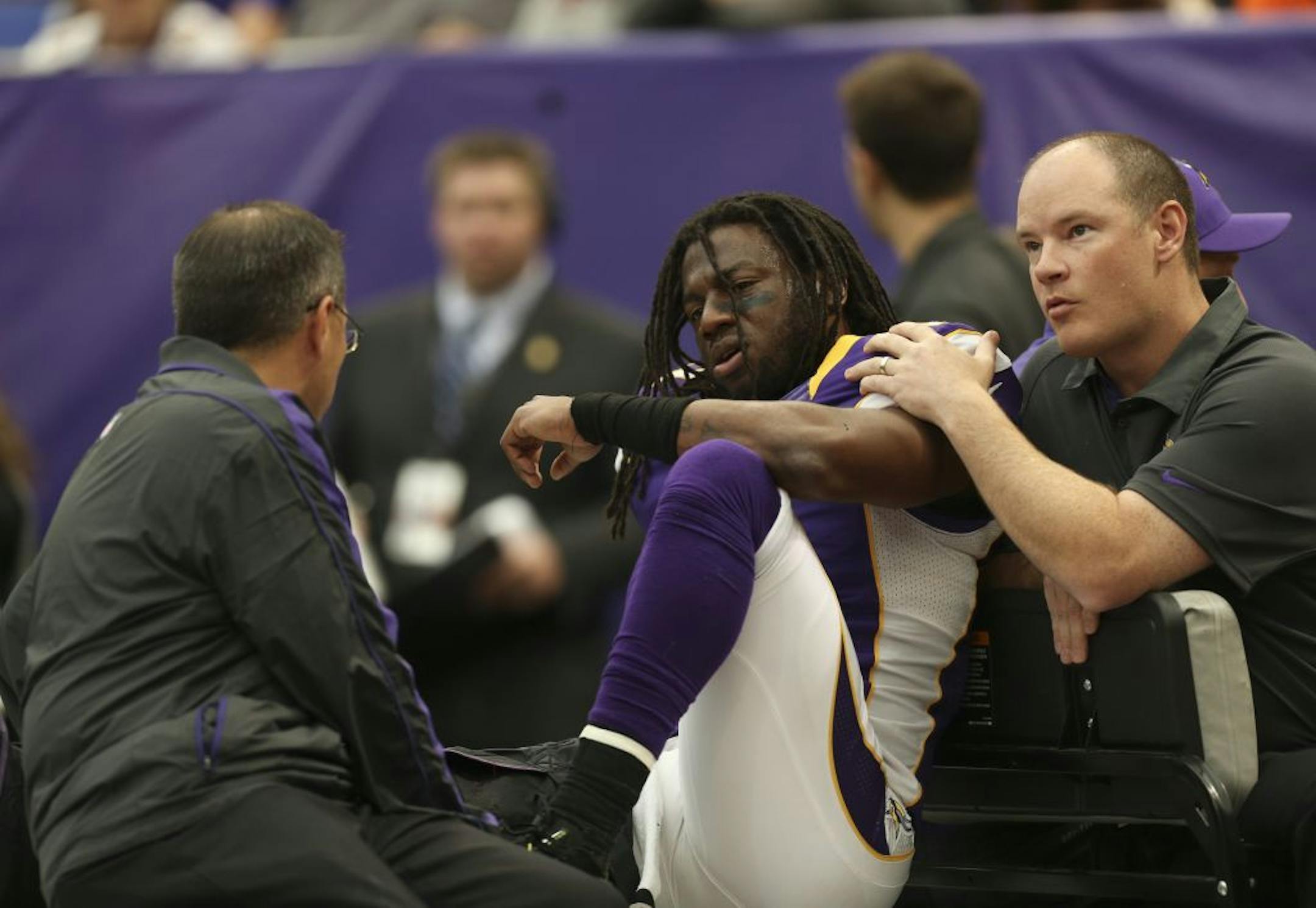 The Minnesota Vikings beat the San Francisco 49ers 24-13 in an NFL game at Mall of America Field in Minneapolis, Minn. on Sunday, September 23, 2012. The Vikings' Mistral Raymond was carted off the field in the second quarter after an injury to his right leg.
