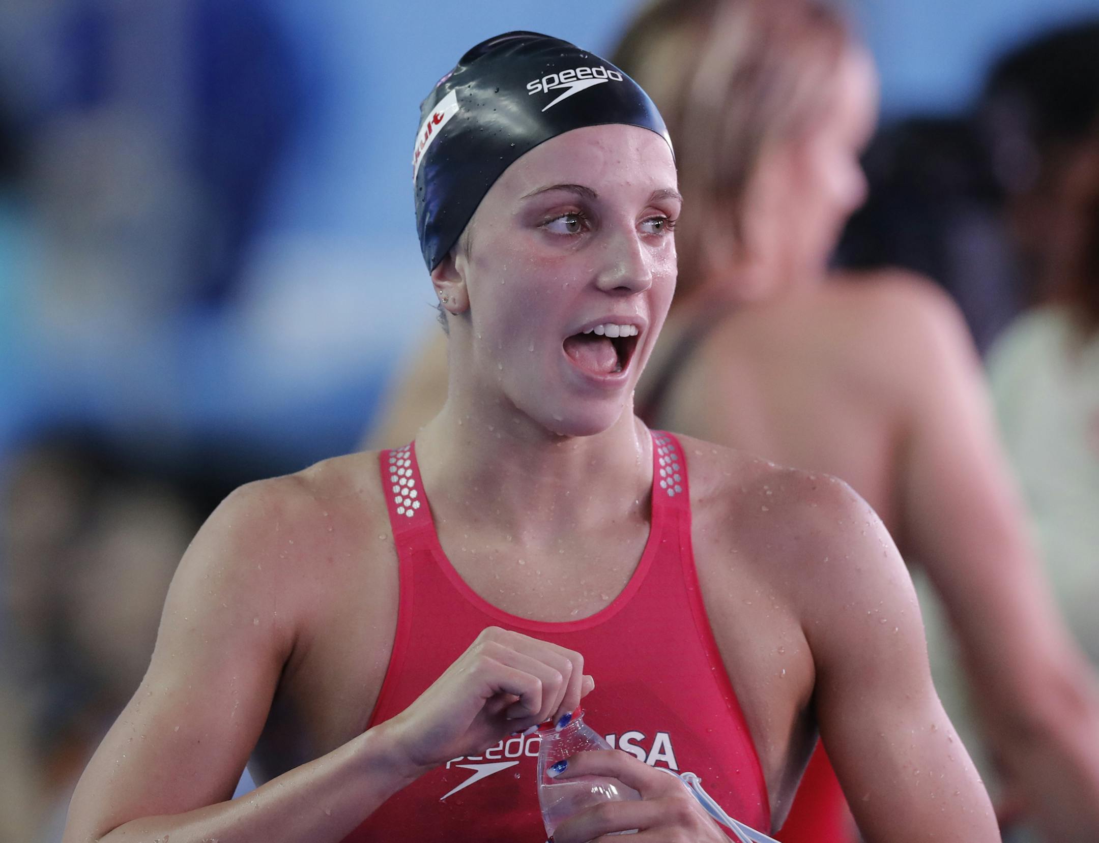 United States' Regan Smith reacts after winning the women's 200m backstroke final at the World Swimming Championships in Gwangju, South Korea, Saturday, July 27, 2019. (AP Photo/Lee Jin-man)