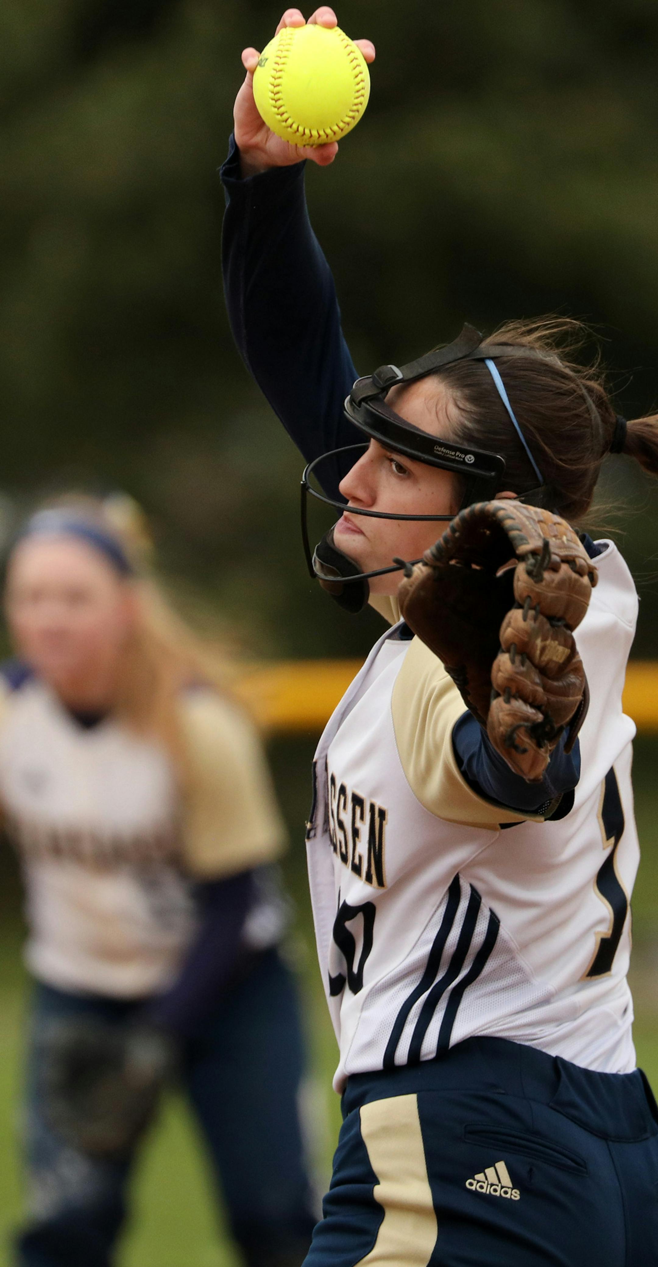 Taylor Manno delivered a pitch during a game against Chaska Thursday. ] ANTHONY SOUFFLE ï anthony.souffle@startribune.com Chanhassen softball player Taylor Manno played in a softball game Thursday, May 18, 2017 in Chaska, Minn. Manno, one of the state's top pitchers who will play at Rutgers, has endured this season while coping with the death of her father, who also was a presence on the team.