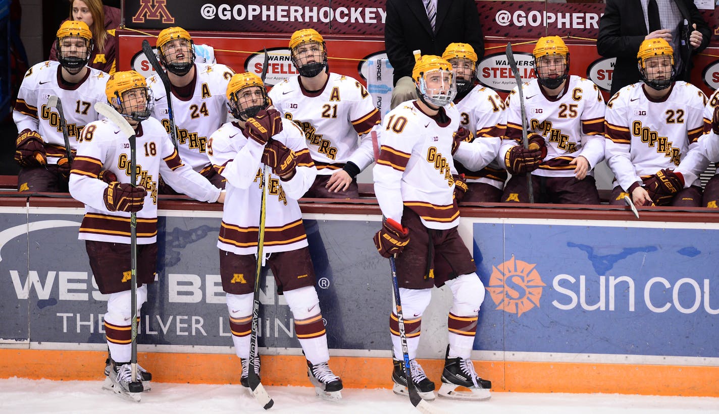 The Minnesota Golden Gophers hockey team watched a replay of a Penn State goal that was ultimately called back due to interference in the first period Friday night. ] (AARON LAVINSKY/STAR TRIBUNE) aaron.lavinsky@startribune.com The University of Minnesota Golden Gophers men's hockey team played the Penn State Nittany Lions on Friday, Feb. 5, 2016 at Mariucci Arena in Minneapolis, Minn.