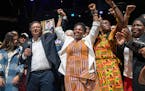 President-elect Gustavo Petro and vice-president-elect Francia Marquez celebrate their election victory in Bogotá, Colombia on Sunday, June 19, 2022.
