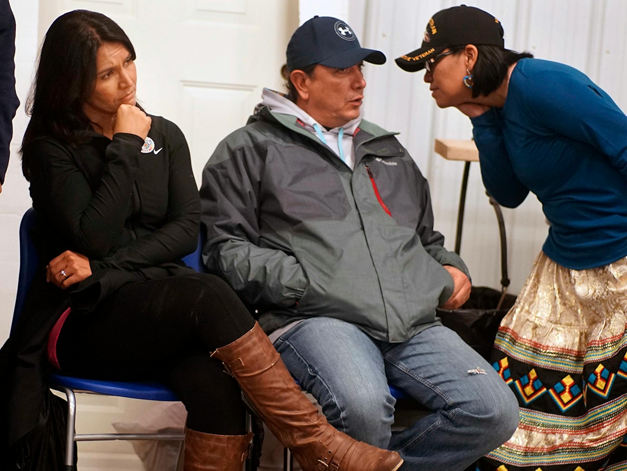 U.S. Rep. Tulsi Gabbard, D-Hawaii, and Standing Rock Sioux Chairman David Archambault waited to talk to several hundred veterans who arrived to show support for the Dakota Access Pipeline protest.
