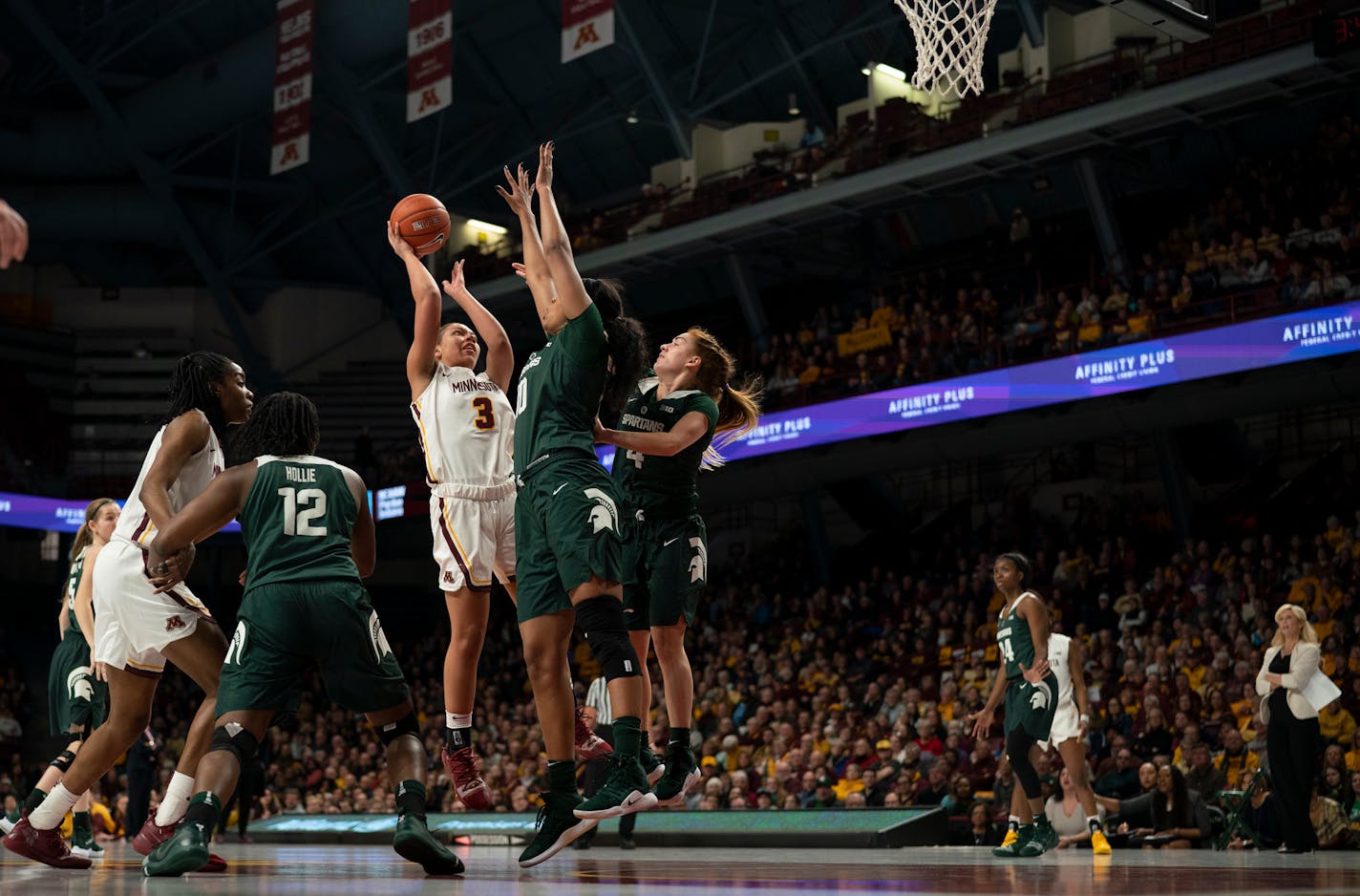 Guard Destiny Pitts (3) scored a game-high 26 points to lead the Gophers women's basketball team over Michigan State 81-63 at Williams Arena on Sunday.