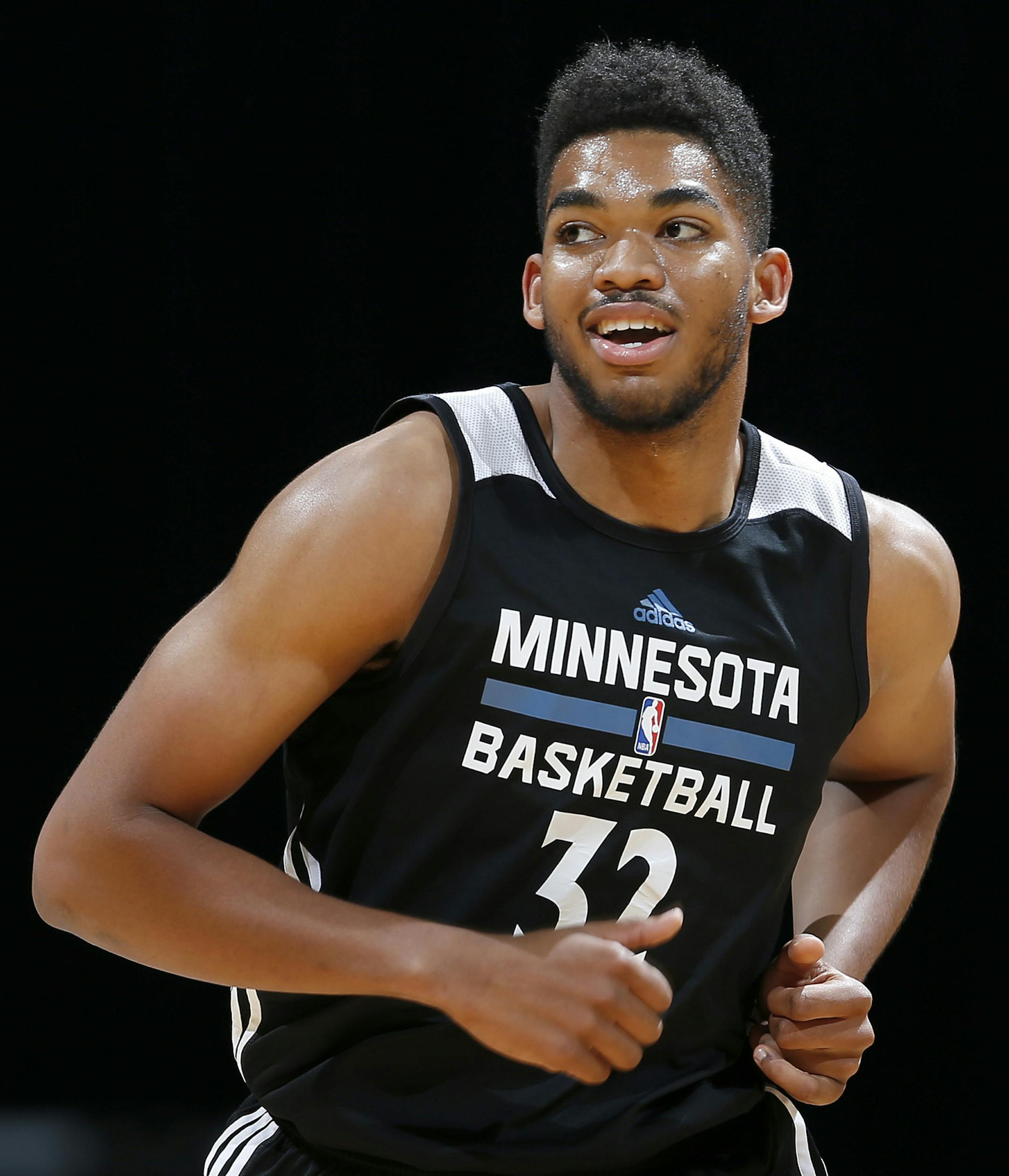 Minnesota Timberwolves first round draft pick Karl-Anthony Towns during a team scrimmage at Target Center. ] CARLOS GONZALEZ cgonzalez@startribune.com - July 8, 2015, Minneapolis, MN, Target Center, NBA, Minnesota Timberwolves, Wolves host open scrimmage