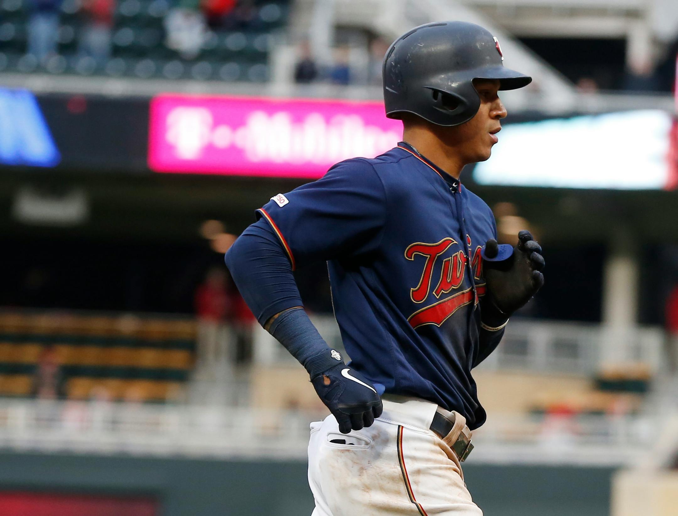 Minnesota Twins' Ehire Adrianza jogs home on a solo home run off Houston Astros pitcher Justin Verlander in the third inning of a baseball game Monday, April 29, 2019, in Minneapolis. (AP Photo/Jim Mone)