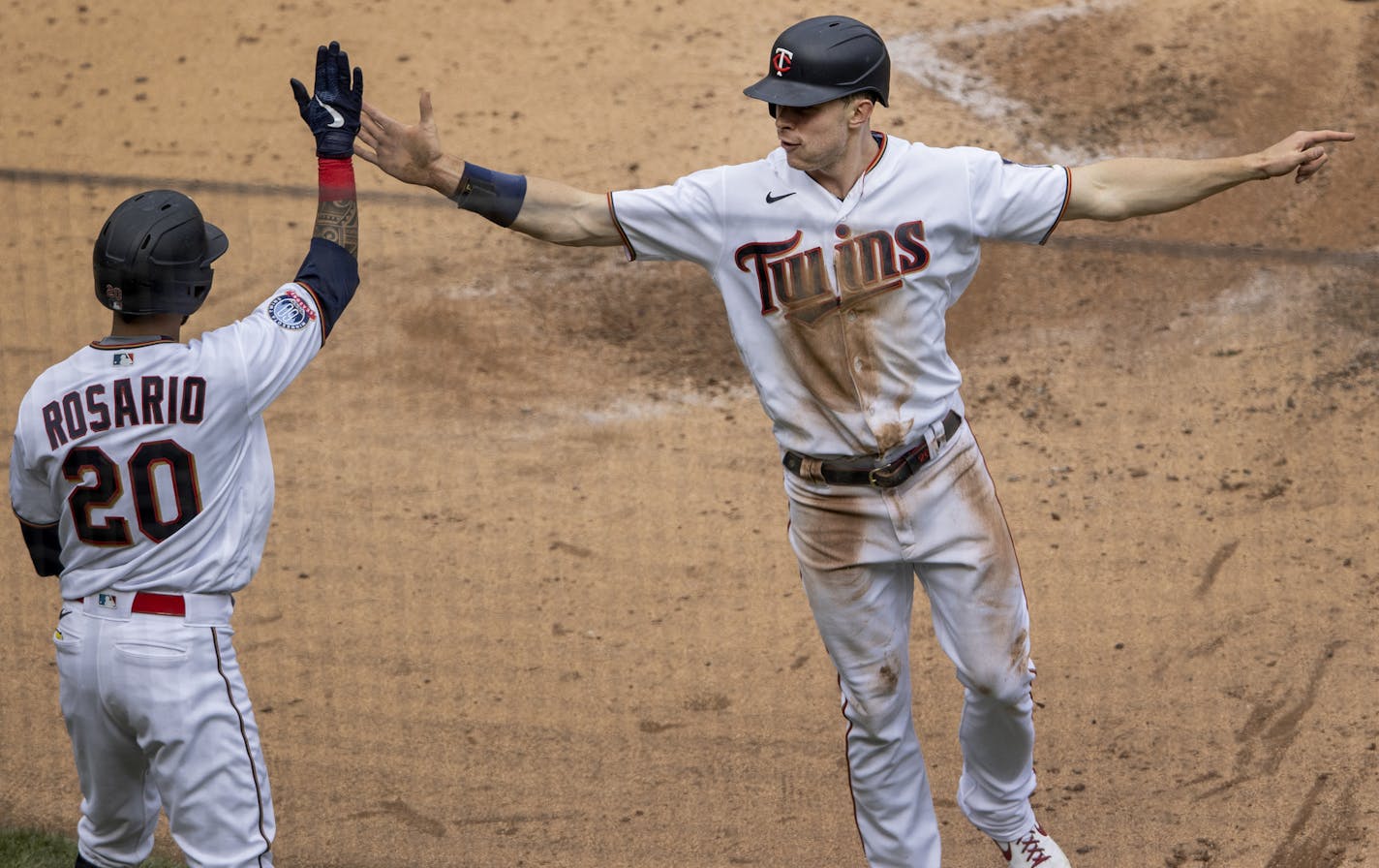 Minnesota Twins Max Kepler celebrated after scoring on a double by Nelson Cruz in the third inning. ] CARLOS GONZALEZ • cgonzalez@startribune.com – Minneapolis, MN – September 29, 2020, Target Field, MLB Playoffs, Minnesota Twins vs. Houston Astros