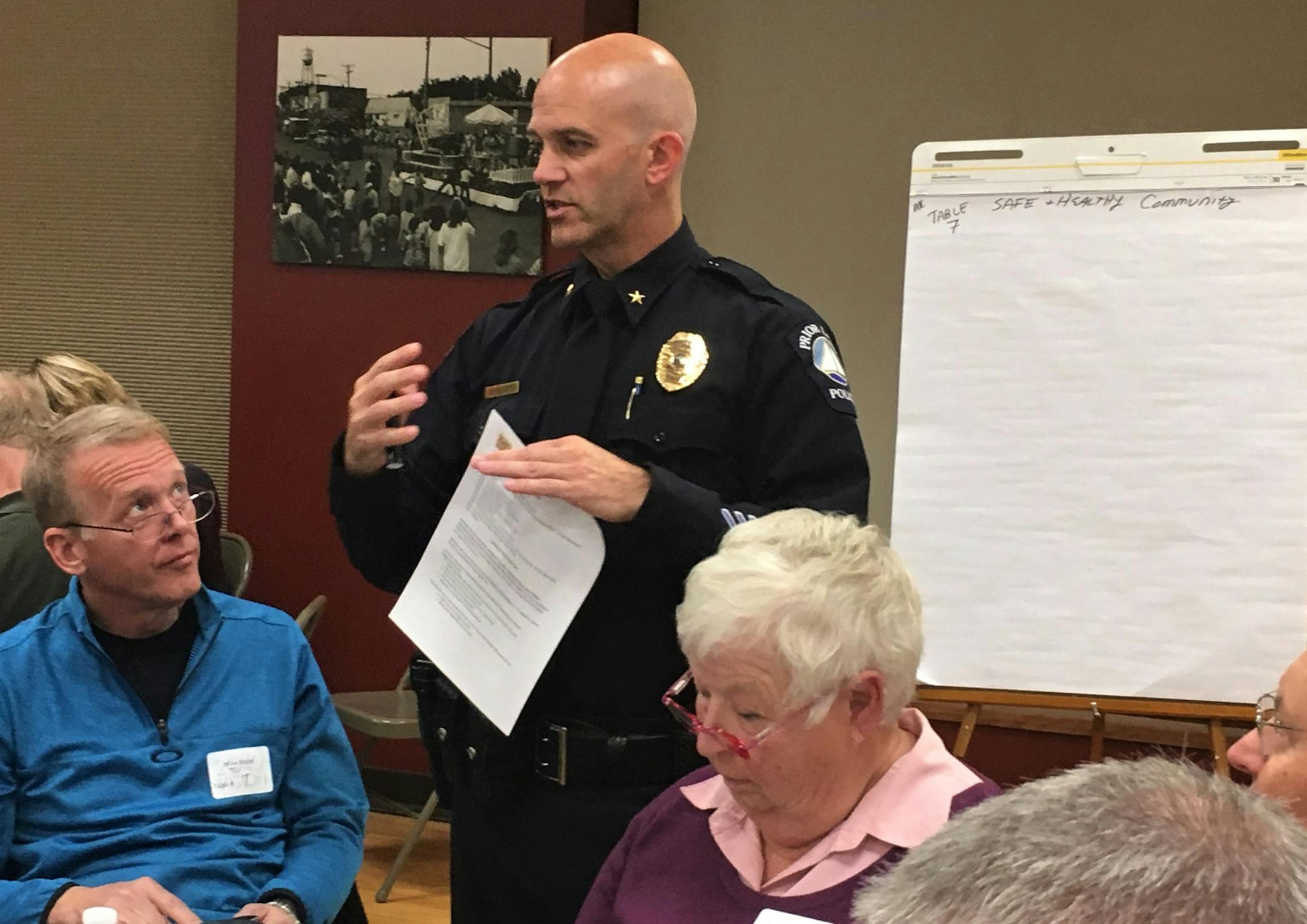 Prior Lake Police Chief Mark Elliot led a discussion group last month about public safety. The southwestern suburb is an "oasis of safety," said consultant Peter Leatherman.