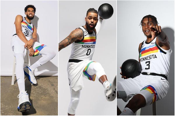 Karl-Anthiny Towns, D’Angelo Russell and Jaden McDaniels model the new City Edition uniforms.
