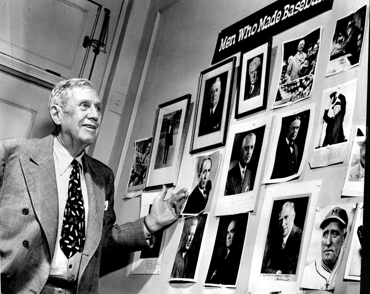 June 7, 1955 One of Mike Kelley's Favorite Pictures; He views His Art Gallery in 1948 Here's Mike's own Hall of Fame; TOP ROW, left to right: Joe McCarthy, Kelley, W. G. Bramhan, Judge K. M. Landis, John A. Heydler and John McGraw. MIDDLE ROW, left to right: George Trautman, Will Harridge, Ban Johnson and Clark Griffith, BOTTOM ROW, left to right: Frank Shaughnesey, Ed Barrow, Connie Mack and Donie Bush. June 5, 1955 December 6, 1948 December 8, 1948 Minneapolis Star Tribune