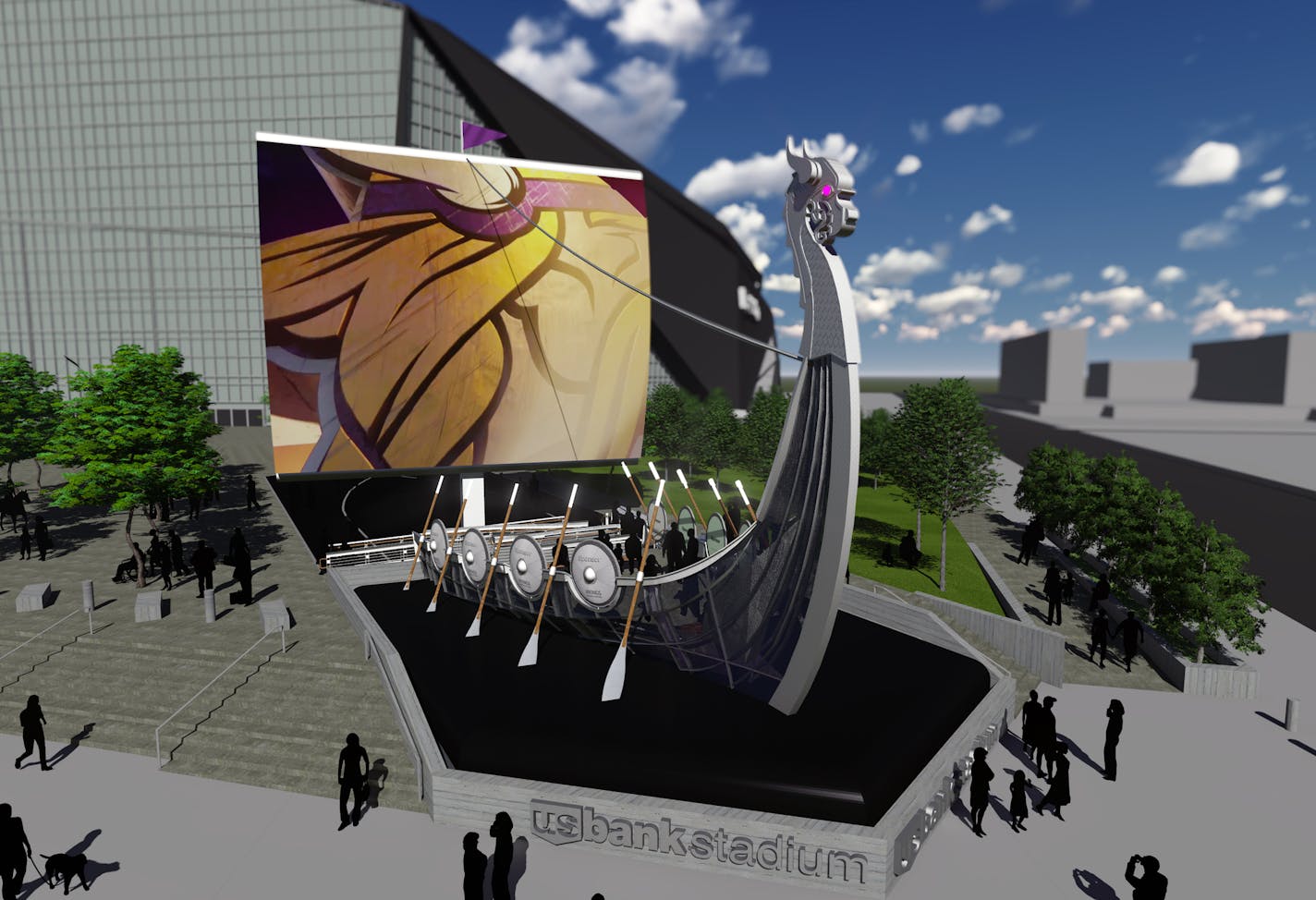 A rendition of the ship for the plaza of U.S. Bank Stadium. The sail will consist of a giant LED screen.