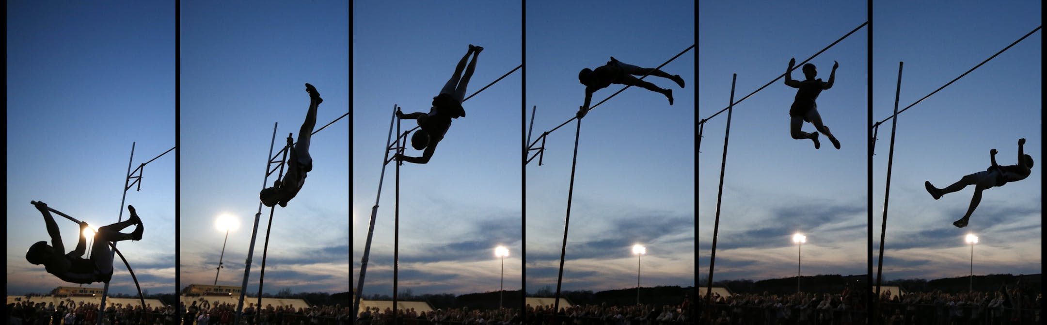 As stadium lights took over for natural light one week ago, Lakeville South senior pole vaulter Lee Bares broke the Minnesota state record by clearing 15 feet, 9 inches at the Class 3A, Section 1 meet at Lakeville North. Bares celebrated his feat (below), giving friends Grant Krieger and Mitch Valli a new mark to pursue.