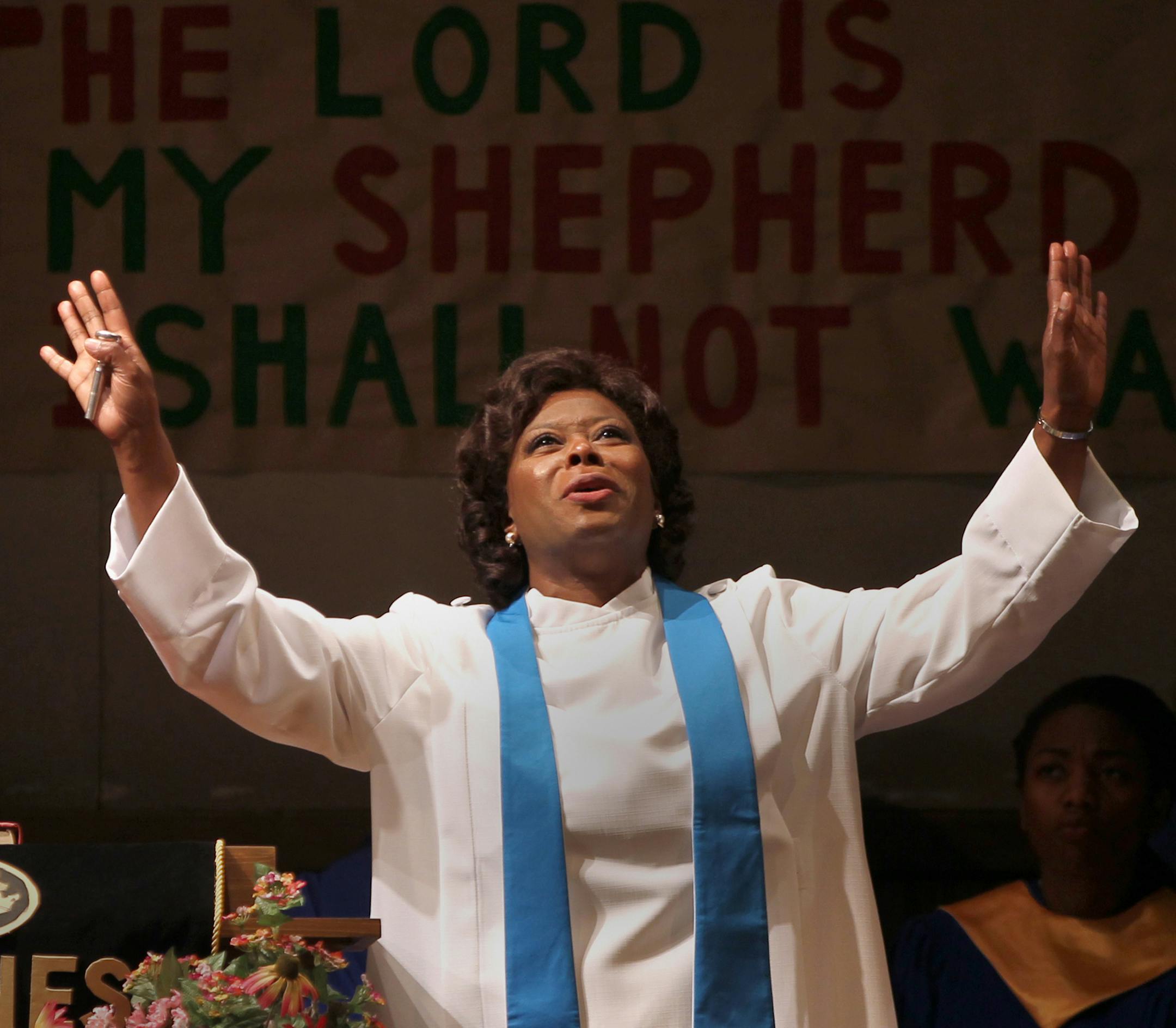 Singing actor Greta Oglesby during church. ___ Singing actor Greta Oglesby stars as pastor Margaret Anderson in James Baldwin‚Äôs ‚ÄúThe Amen Corner,‚Äù directed by Lou Bellamy in a Penumbra Theatre production at the Guthrie Theater. The cast includes Eric Berryman (David Alexander), Sh√° Cage (Sister Sally), Lerea Carter (Ida Jackson), James Craven (Brother Washington), Crystal Fox (Odessa), Hannibal Lokumbe (Luke), Thomasina Petrus