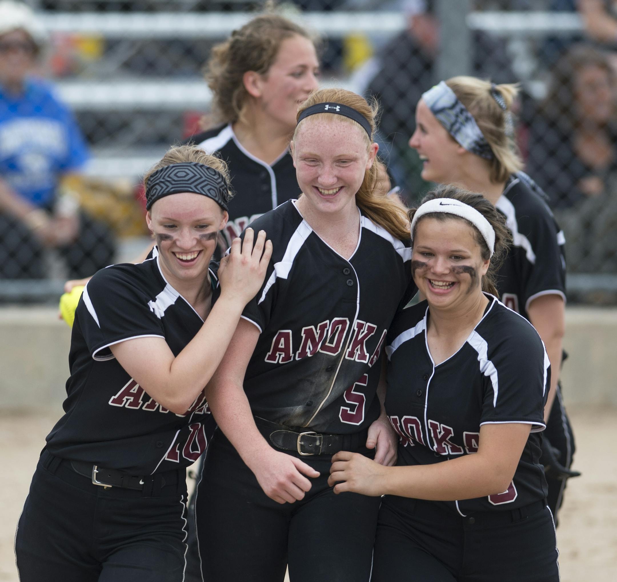 Anoka players celebrated after beating Becker in a 3A semifinal game Thursday night. ] Aaron Lavinsky • aaron.lavinsky@startribune.com The softball state tournament semifinals were held Thursday, June 4, 2015 at Caswell Park in Mankato.