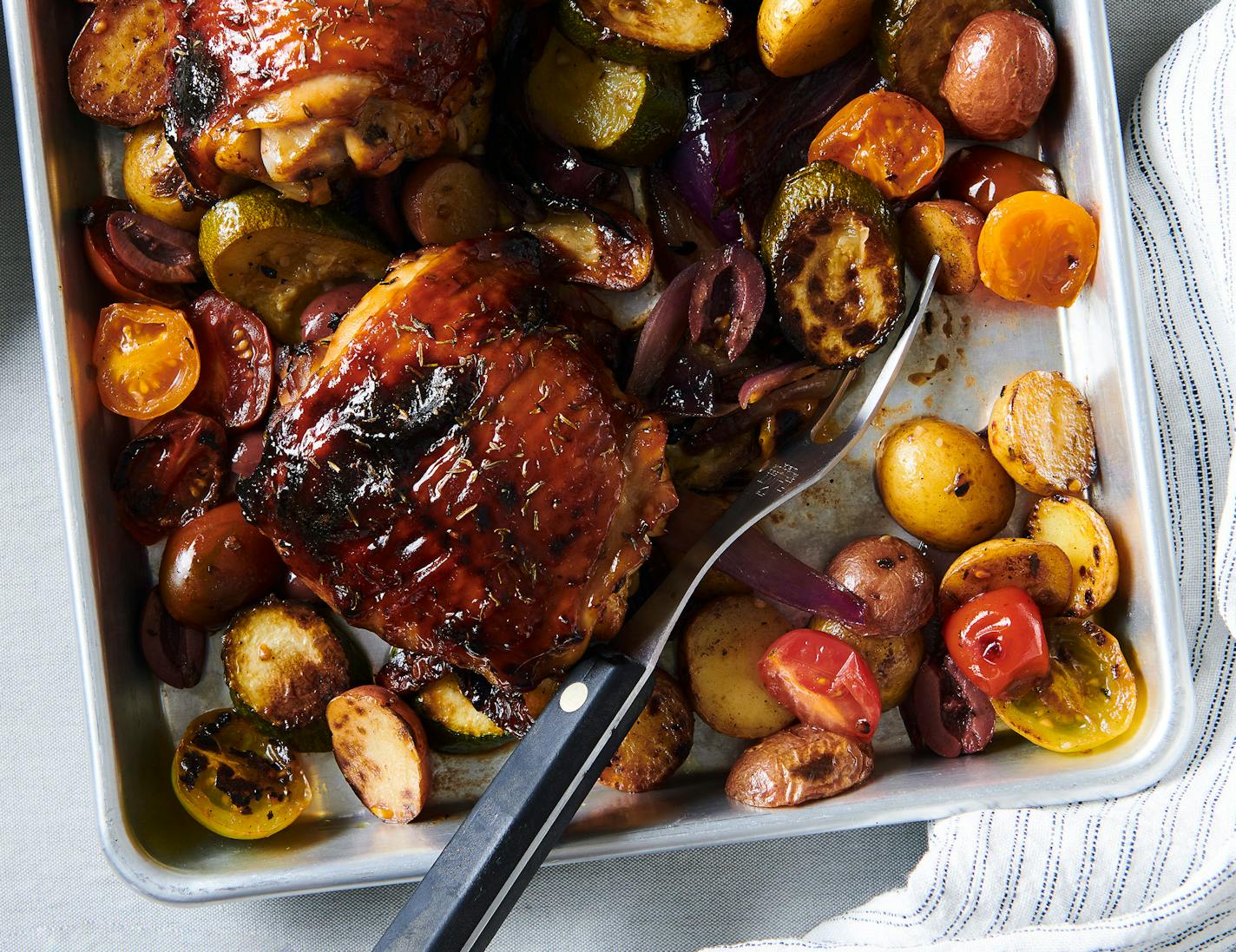 Chicken Sheet-Pan With Vegetables and Balsamic Glaze.