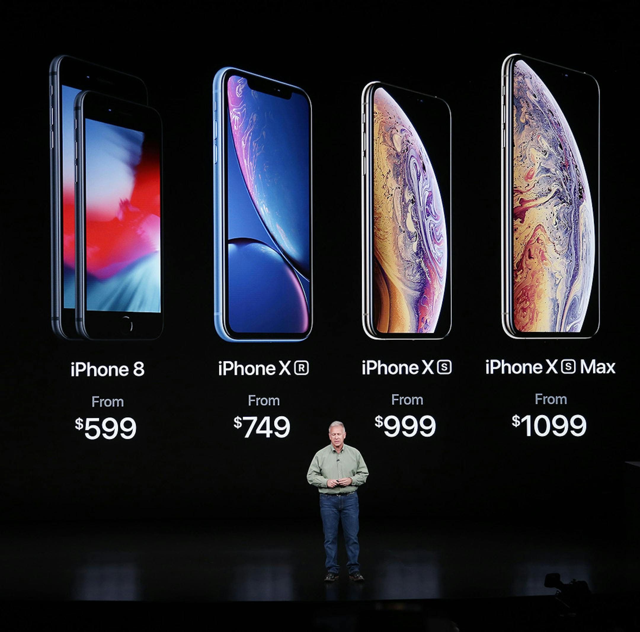 Phil Schiller, Apple's senior vice president of worldwide marketing, shows off the company's line of smartphone including the new top of the line iPhone Xs Max, Wednesday, Sept. 12, 2018, at company headquarters in Cupertino, Calif. (Karl Mondon/Bay Area News Group/TNS) ORG XMIT: 1262344