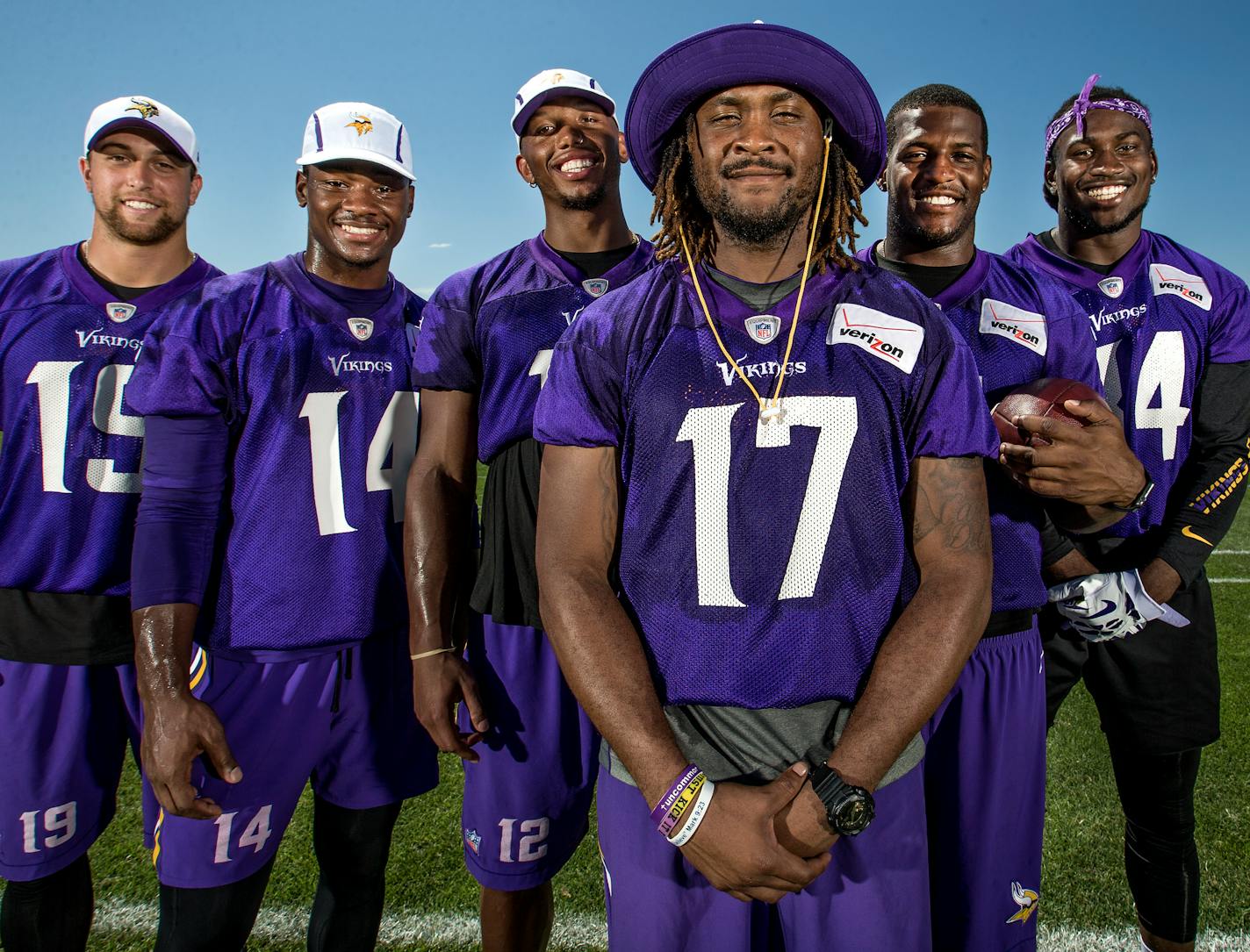 Minnesota Vikings receivers Adam Thielen, Stefon Diggs, Charles Johnson, Jarius Wright, Mike Wallace and Cordarrelle Patterson.