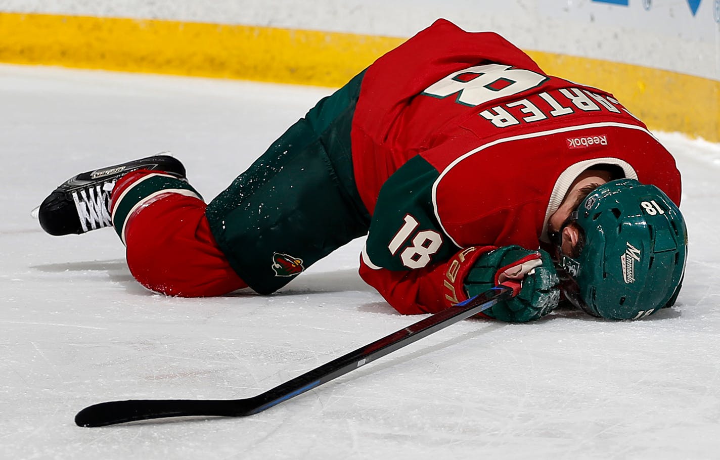 Minnesota Wild Ryan Carter (18) in the first period. ] CARLOS GONZALEZ cgonzalez@startribune.com, February 9, 2015, St. Paul, Minn., Xcel Energy Center, NHL, Minnesota Wild vs. Vancouver Canucks