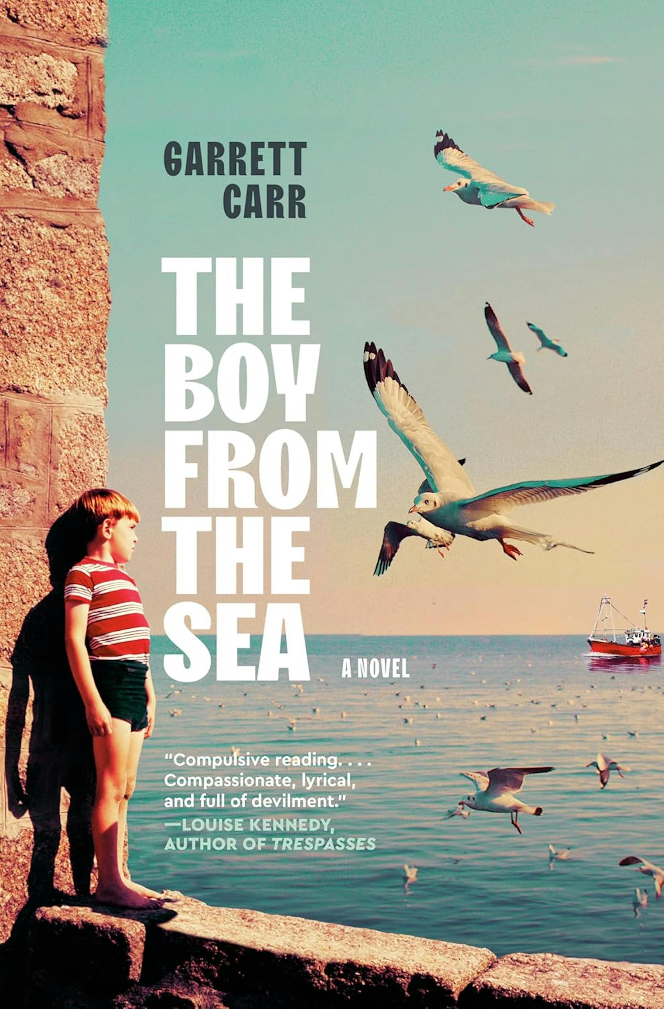 the cover of The Boy from the Sea features a photo illustration of a boy looking out to a boat on the sea, surrounded by sea birds