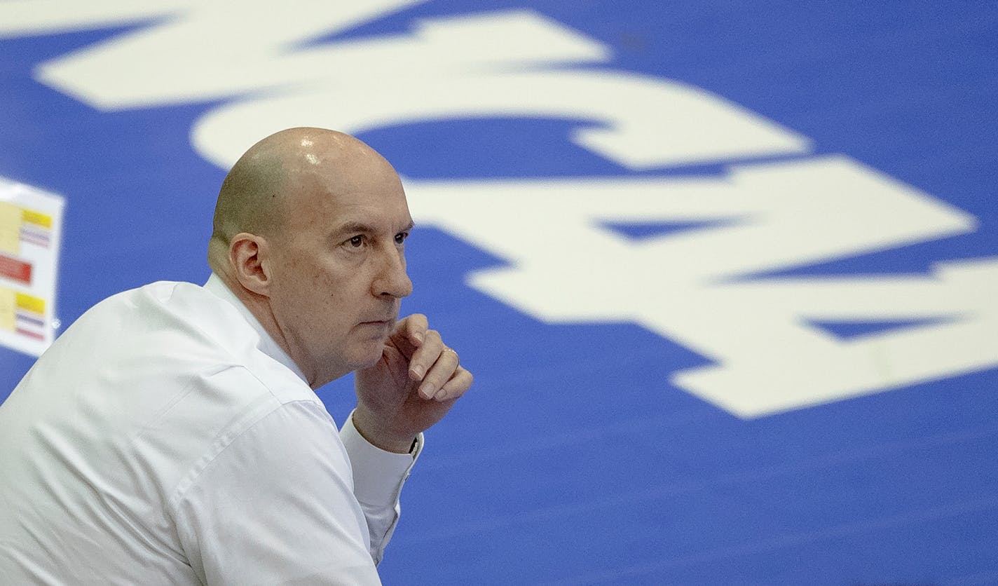 Minnesota head coach Hugh McCutcheon watched a replay during a match against Louisville in the fourth round of the NCAA volleyball tournament on Saturday, Dec. 14, 2019, in Austin, Texas. (Nick Wagner/Special to the Star Tribune)