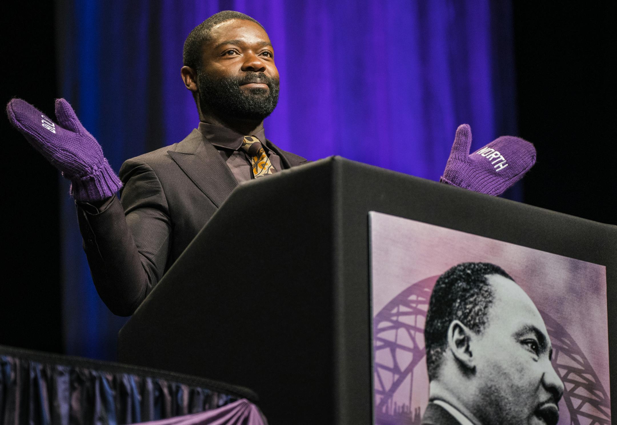Keynote speaker is Daniel Oyelowo, the actor who played MLK in the movie "Selma" spoke about identity and knowing who you are. He sported some purple mittens to show his purple pride.]Martin Luther King Day observances in the Twin Cities kick off with the annual breakfast, this year at the refurbished Armory in downtown Minneapolis. Richard Tsong-Taatarii&#xef;rtsong-taatarii@startribune.com