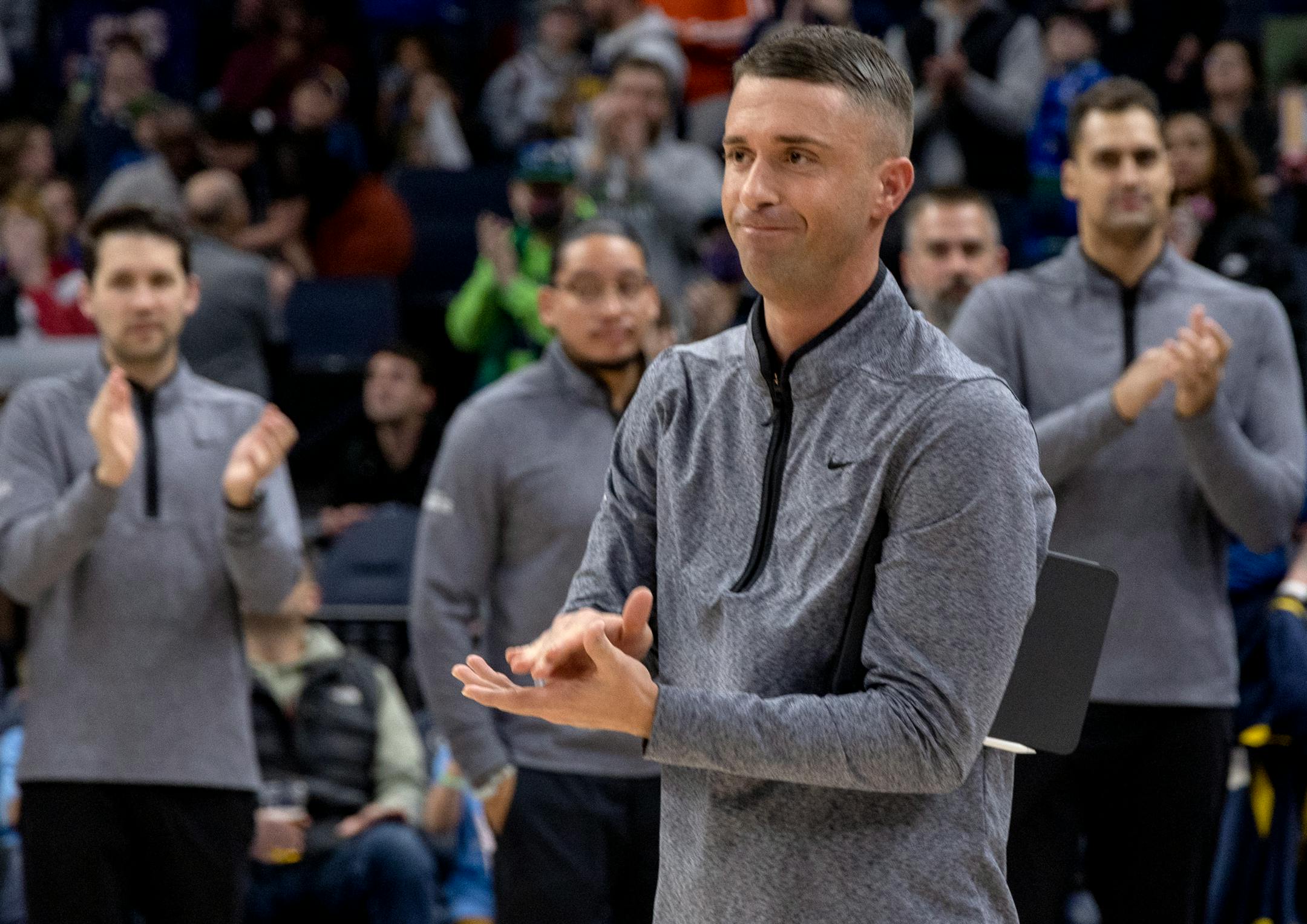 Denver Nuggets assistant coach Ryan Saunders is acknowledged before the start of the game.