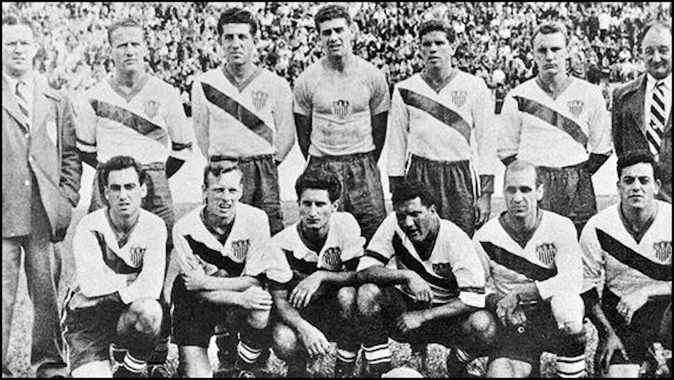 The 1950 U.S. World Cup team. Back row, from left: Jack Lyons, Joe Maca, Charlie Colombo, Frank Borghi, Harry Keough, Walter Bahr, Bill Jeffrey. Front row: Frank Wallace, Ed McIlvenny, Gino Pariani, Joe Gaetjens, John Souza, Ed Souza.