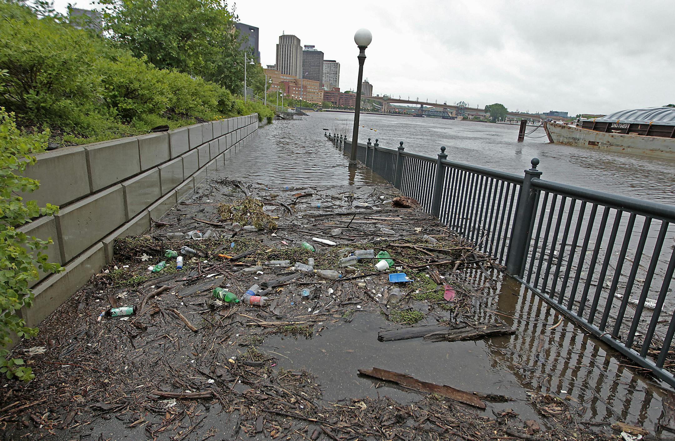 Debris from the river flowed onto the sidewalk as water continued to rise along the Mississippi on Shepard Road near downtown St. Paul, MN, Thursday, June19, 2014. ] (ELIZABETH FLORES/STAR TRIBUNE) ELIZABETH FLORES &#x2022; eflores@startribune.com