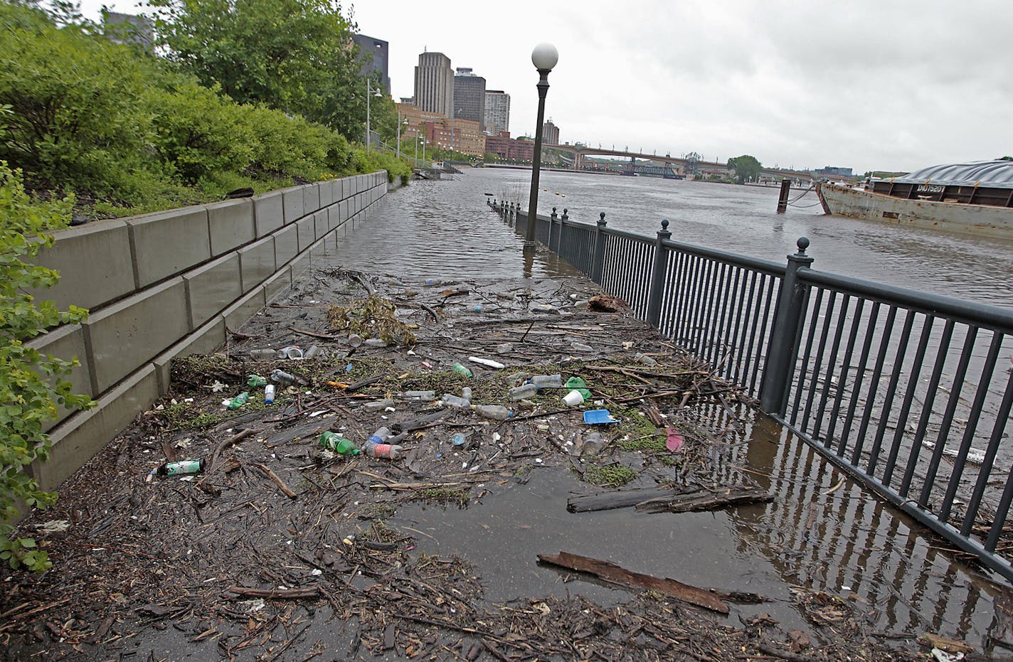 Debris from the river flowed onto the sidewalk as water continued to rise along the Mississippi on Shepard Road near downtown St. Paul, MN, Thursday, June19, 2014. ] (ELIZABETH FLORES/STAR TRIBUNE) ELIZABETH FLORES &#x2022; eflores@startribune.com