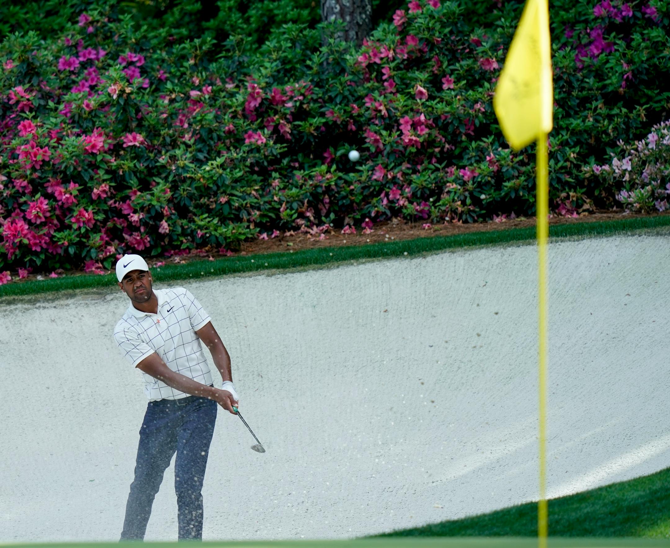 Tony Finau hits to the 13th hole during the third round for the Masters
