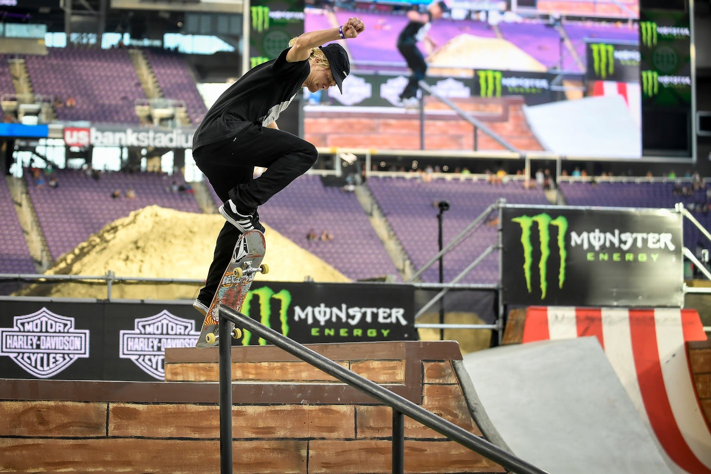 Alex Majerus competes in the men's skateboard street finals Saturday, July 15, 2017, at the X Games in Minneapolis. Majerus took second place in the event.