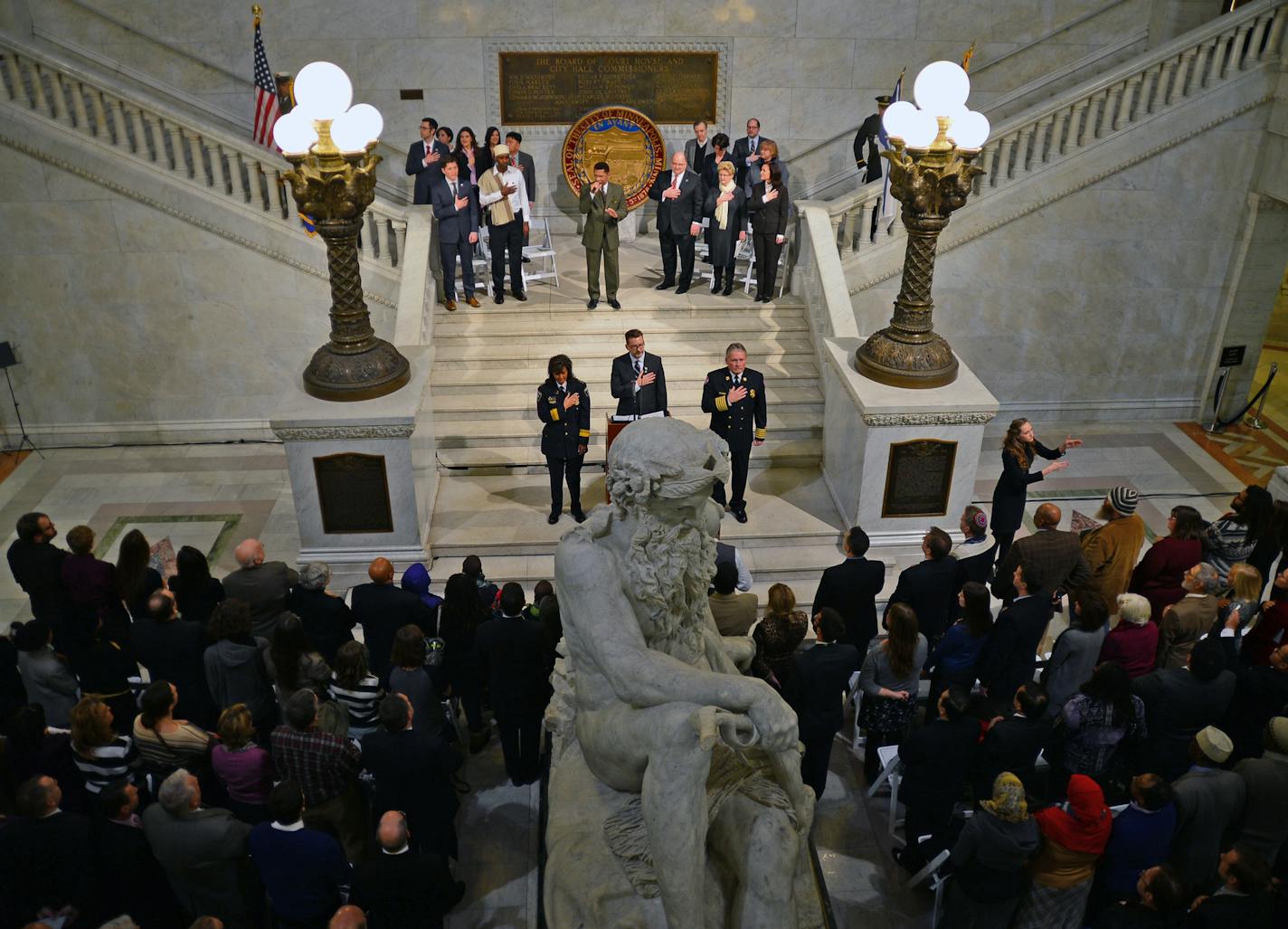 Seven brand-new City Council members and six existing ones were sworn in Monday morning at City Hall along with Betsy Hodges the New Mayor of Minneapolis. The ceremony happened in a packed City Hall rotunda. ]Richard.Sennott@startribune.com Richard Sennott/Star Tribune Minneapolis Minn. Monday 1/6/2014) ** (cq)