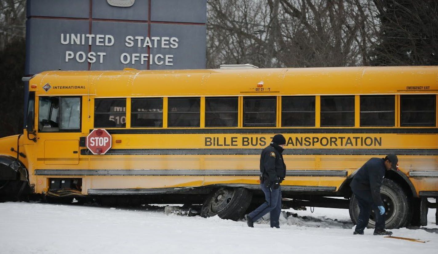 At the corner of Minnehaha Ave E. and Birmingham in St. Paul, a school bus nearly crashed into a post office Monday morning. A couple children were taken to the hospital with minor injuries.