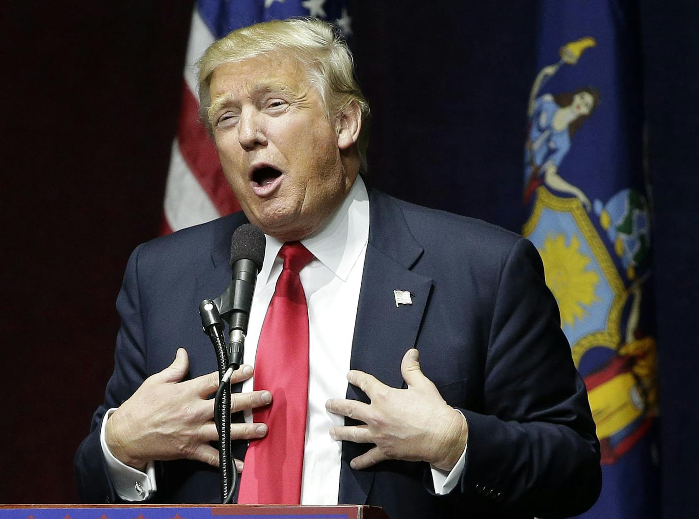 Republican presidential candidate Donald Trump speaks during a campaign rally, Wednesday, April 6, 2016, in Bethpage, N.Y. (AP Photo/Julie Jacobson)