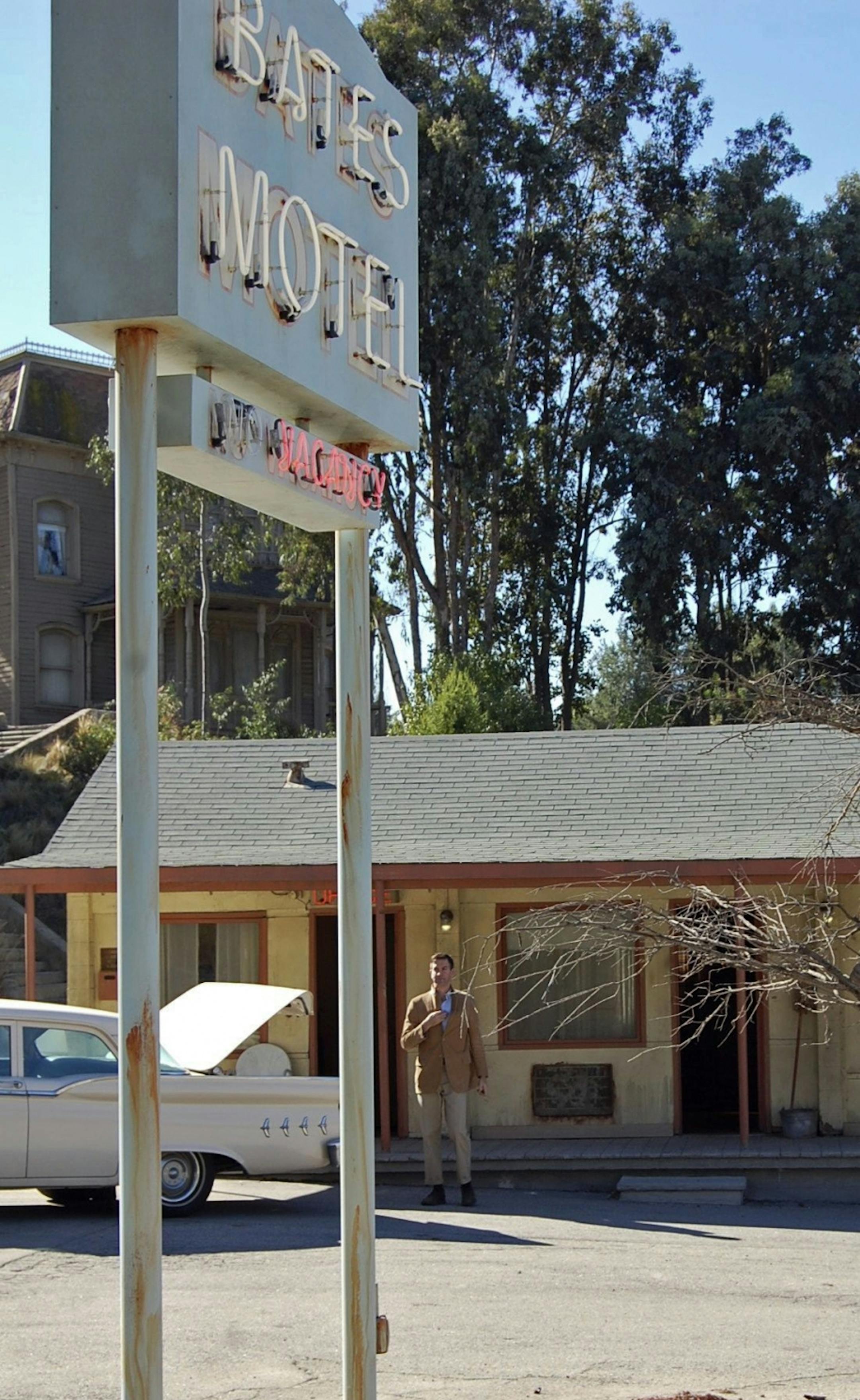 The set of Alfred Hitchcock's Psycho, including the Psycho House and Bates Motel, are part of the basic tour at Universal Studios Hollywood. An actor playing Norman Bates carries a body from his motel room to the car before becoming aware of the tram.