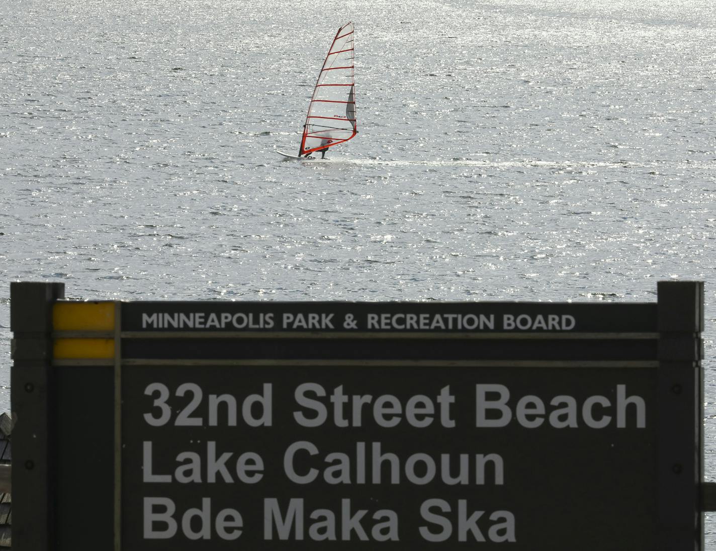 A windsurfer on Lake Calhoun Wedneday afternoon. ] JEFF WHEELER &#xef; jeff.wheeler@startribune.com The Minneapolis Park Board will take its final vote Wednesday evening, May 2, 2017 on changing Lake Calhoun's name to Bde Maka Ska. ORG XMIT: MIN1705031645250117