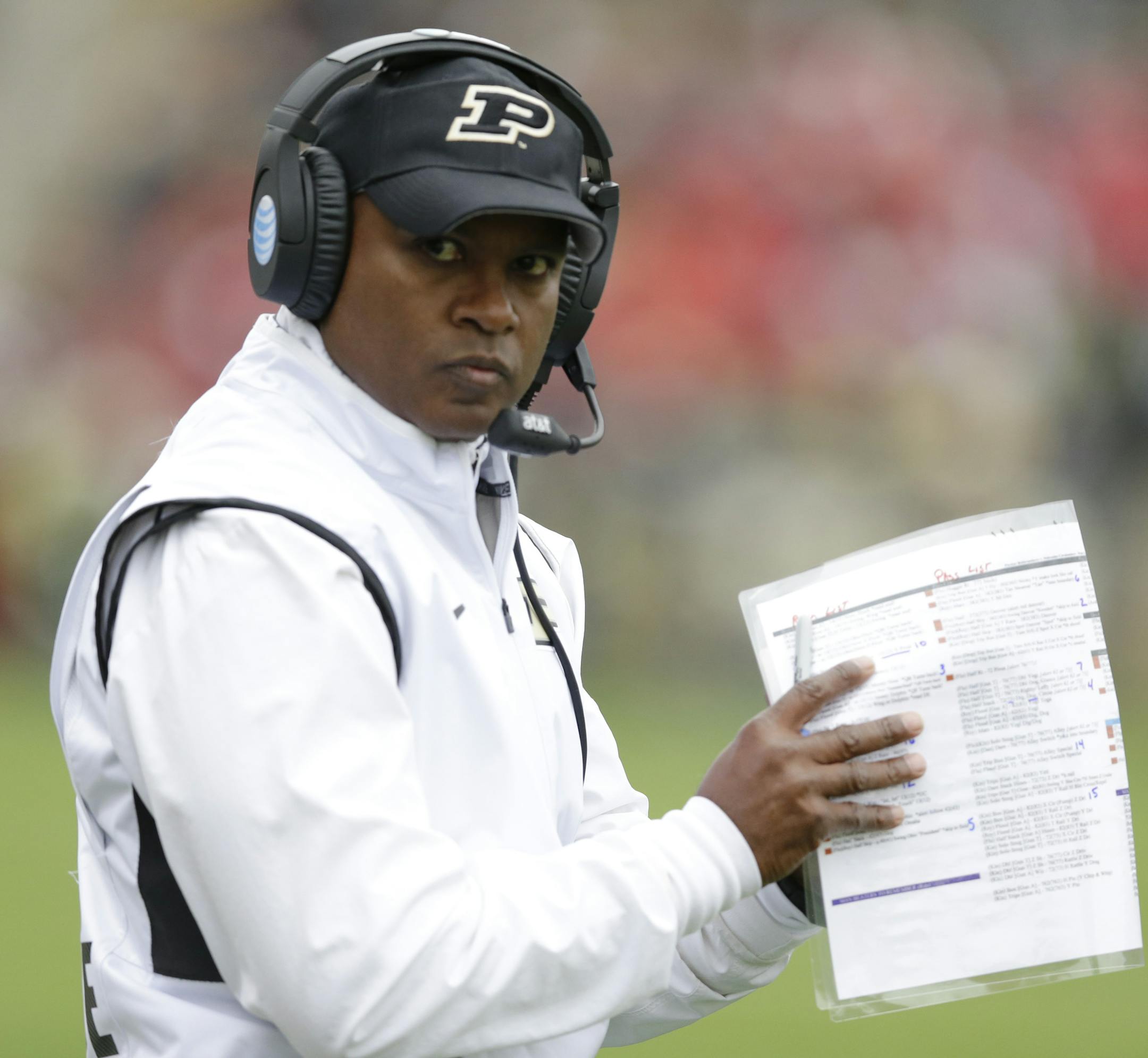 Purdue head coach Darrell Hazell stands on the sideline during the first half of an NCAA college football game against Nebraska in West Lafayette, Ind., Saturday, Oct. 31, 2015. (AP Photo/Michael Conroy) ORG XMIT: INMC109