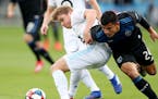 SAN JOSE, CALIFORNIA - MARCH 9: Minnesota United's Rasmus Schuller (20) and San Jose Earthquakes' Nick Lima (24) battle for the ball during the first 